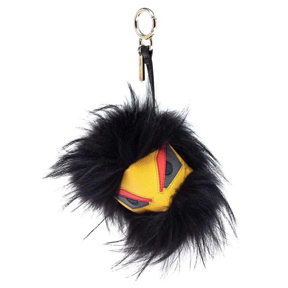 Pre Owned Fendi Yellow Fur and Leather Eyes Bug Bag Charm   