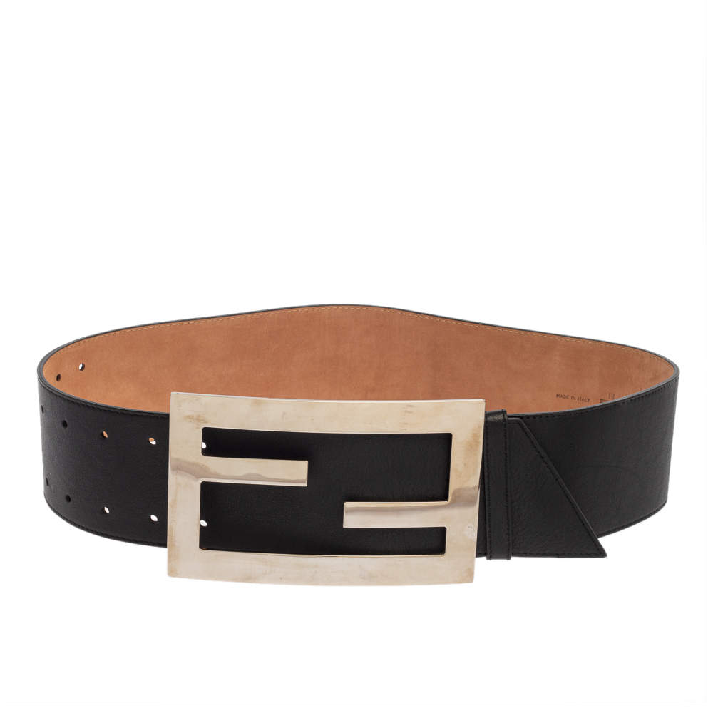 Pre Owned Fendi Black Leather FF Buckle Wide Waist Belt 85CM