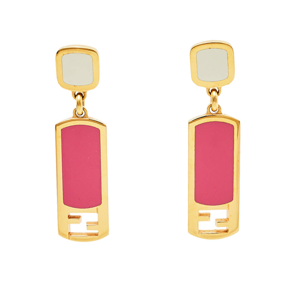 Pre Owned Fendi Gold Tone Pink Enamel Drop Earrings