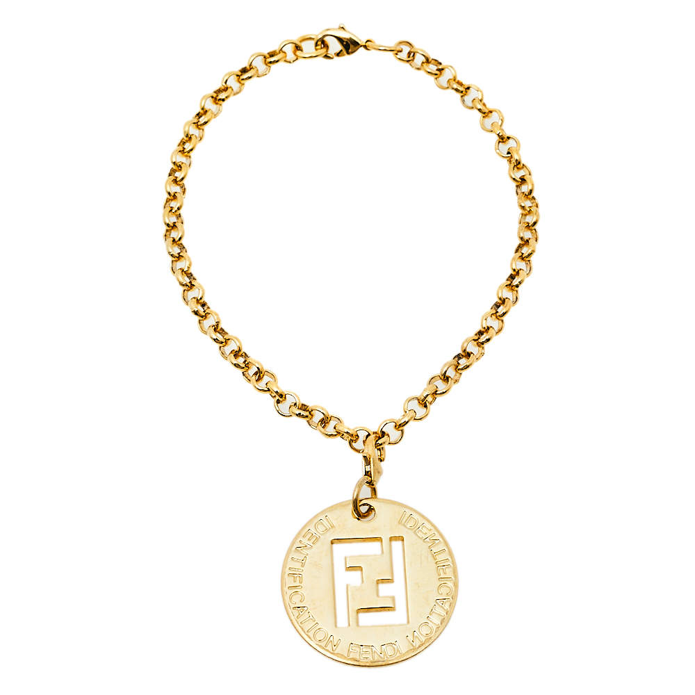 Pre Owned Fendi Gold Tone Identification Pendant Charm Bracelet