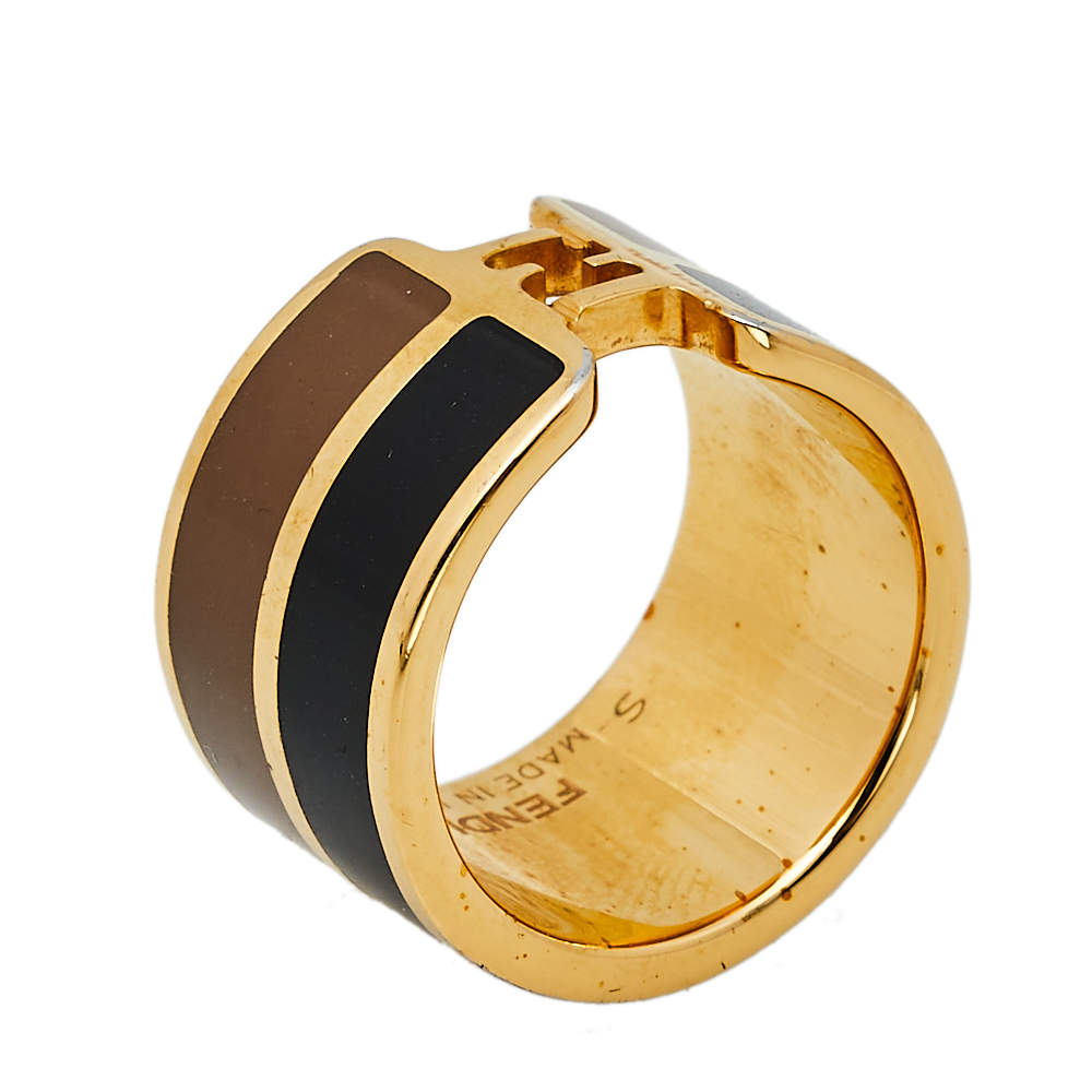 Pre Owned Fendi The Fendista Enamel Gold Tone Wide Band Ring S