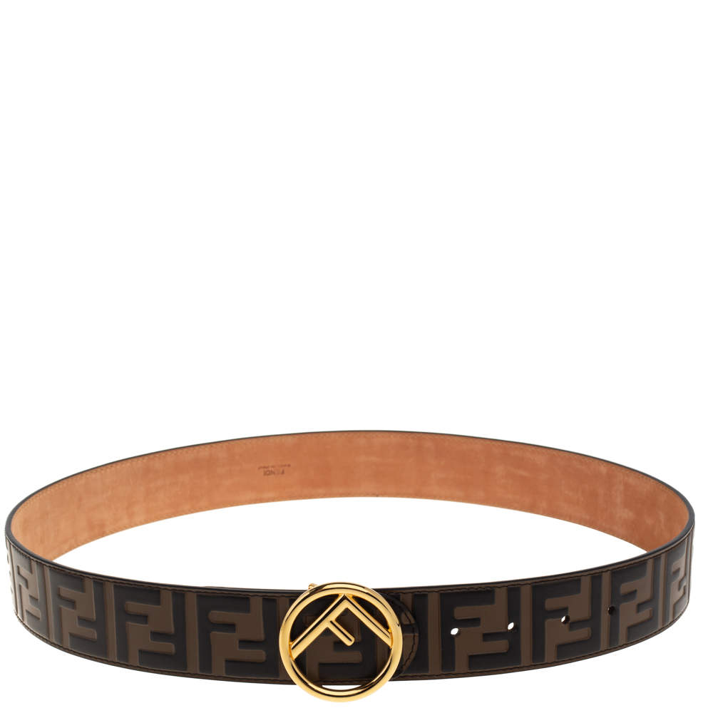 Pre Owned Fendi Brown Zucca Embossed Leather F Buckle Belt 90CM