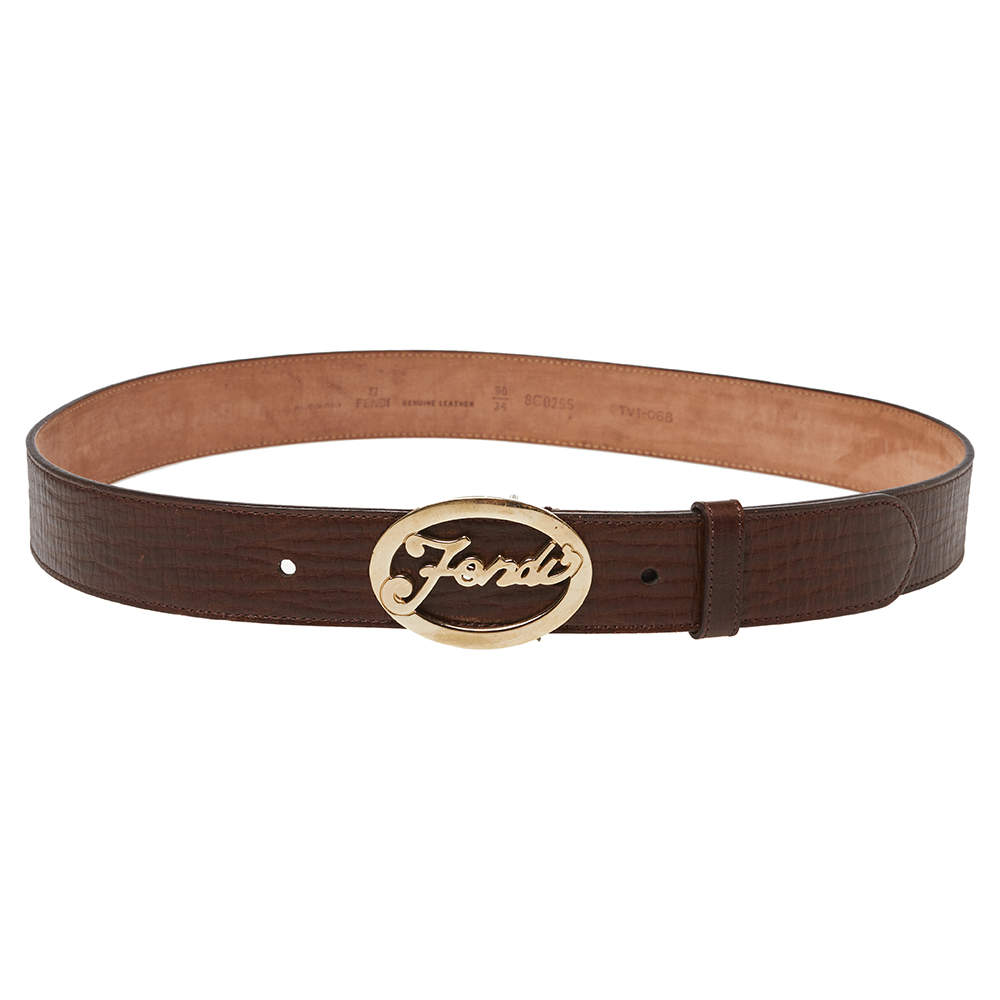 مملوكة مسبقًا حزام فندي جلد بني منقوش بالشعار 90 سم