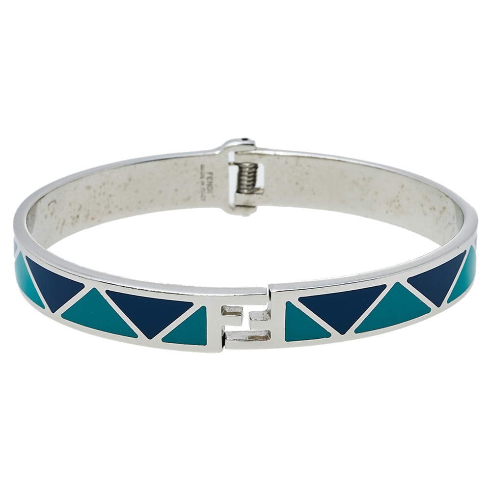 Pre Owned Fendi Green & Blue Enamel Silver Tone Fendista Cuff Bracelet 