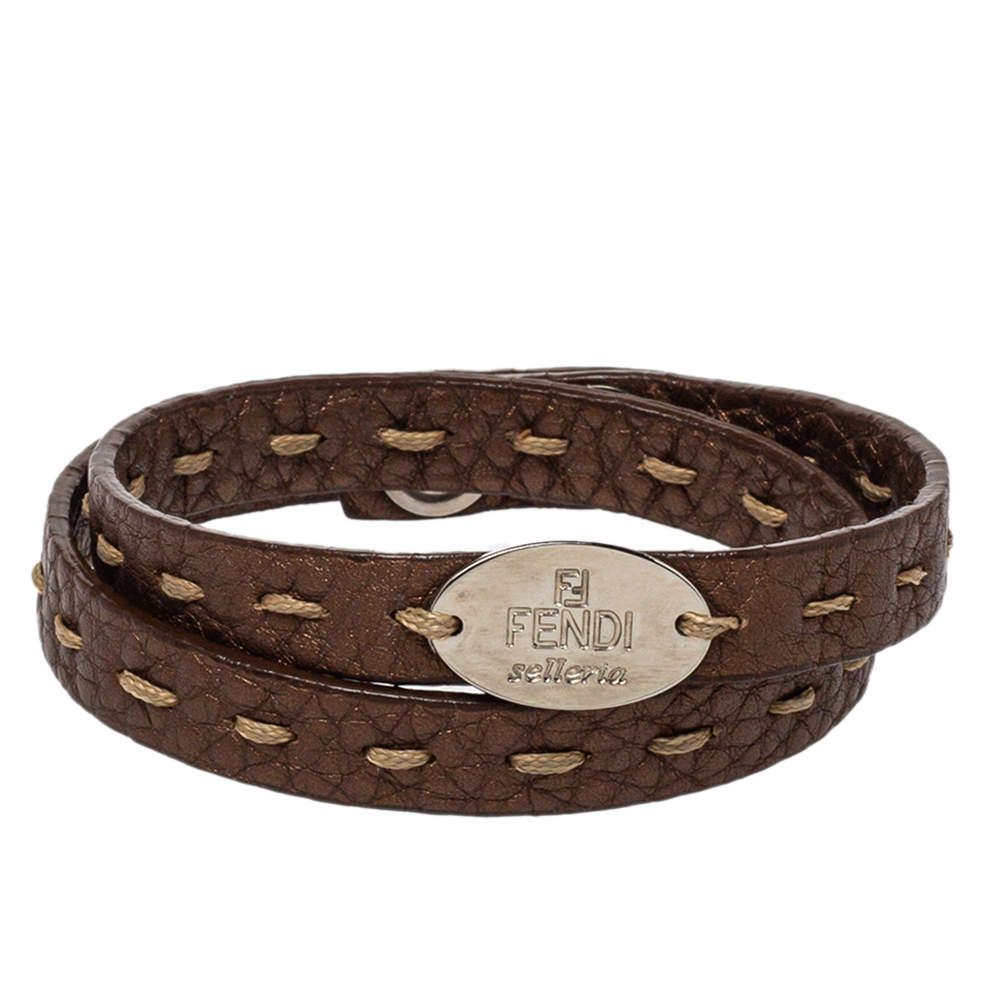 Fendi Metallic Brown Selleria Leather Double Wrap Bracelet
