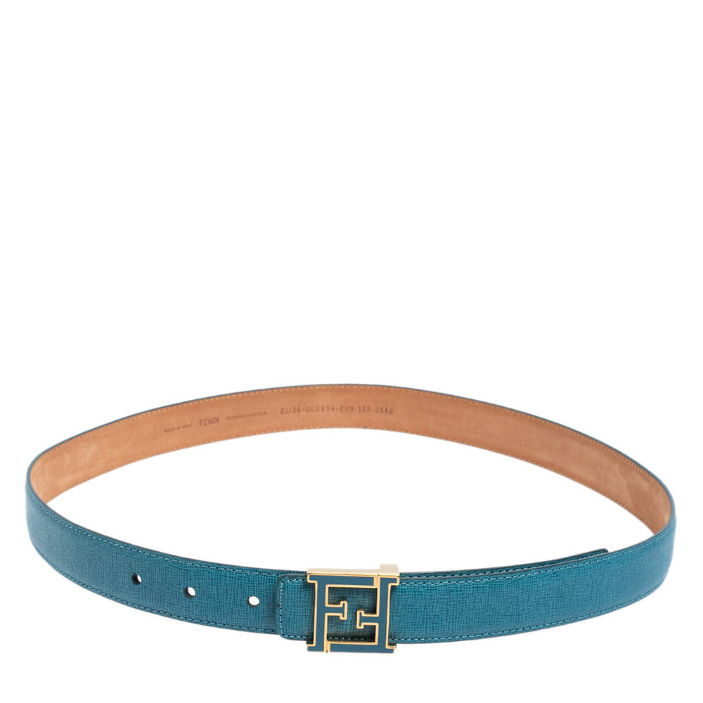 مملوكة مسبقًا Fendi Blue Leather FF Logo Buckle Belt 85 CM