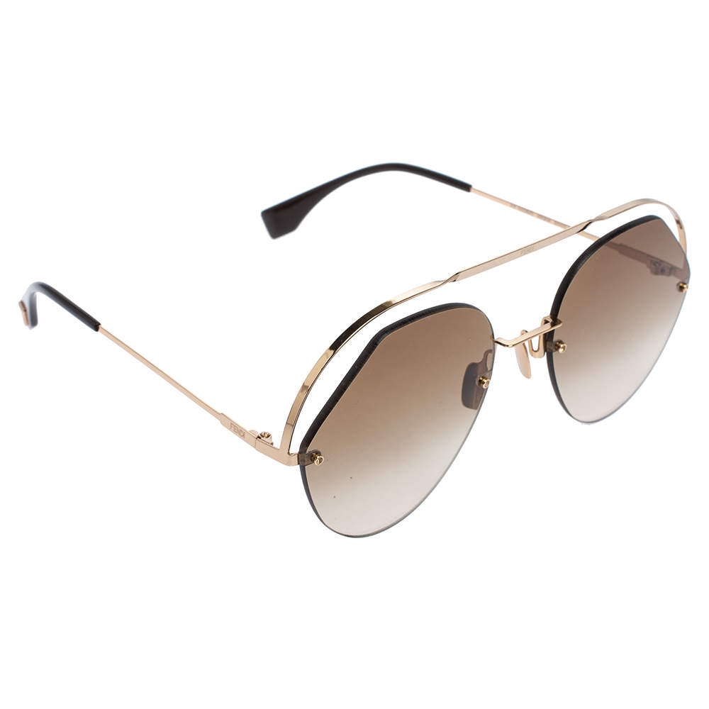 Pre Owned Fendi Brown/Gold Tone Metal FF 0326/S Rimless Gradient Aviator Sunglasses