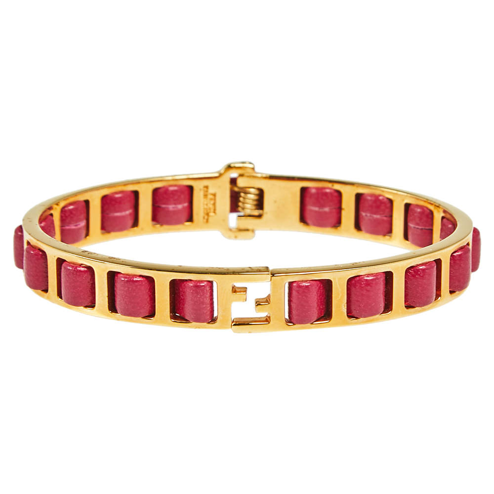 Fendi Gold Tone Pink Leather The Fendista Bracelet L