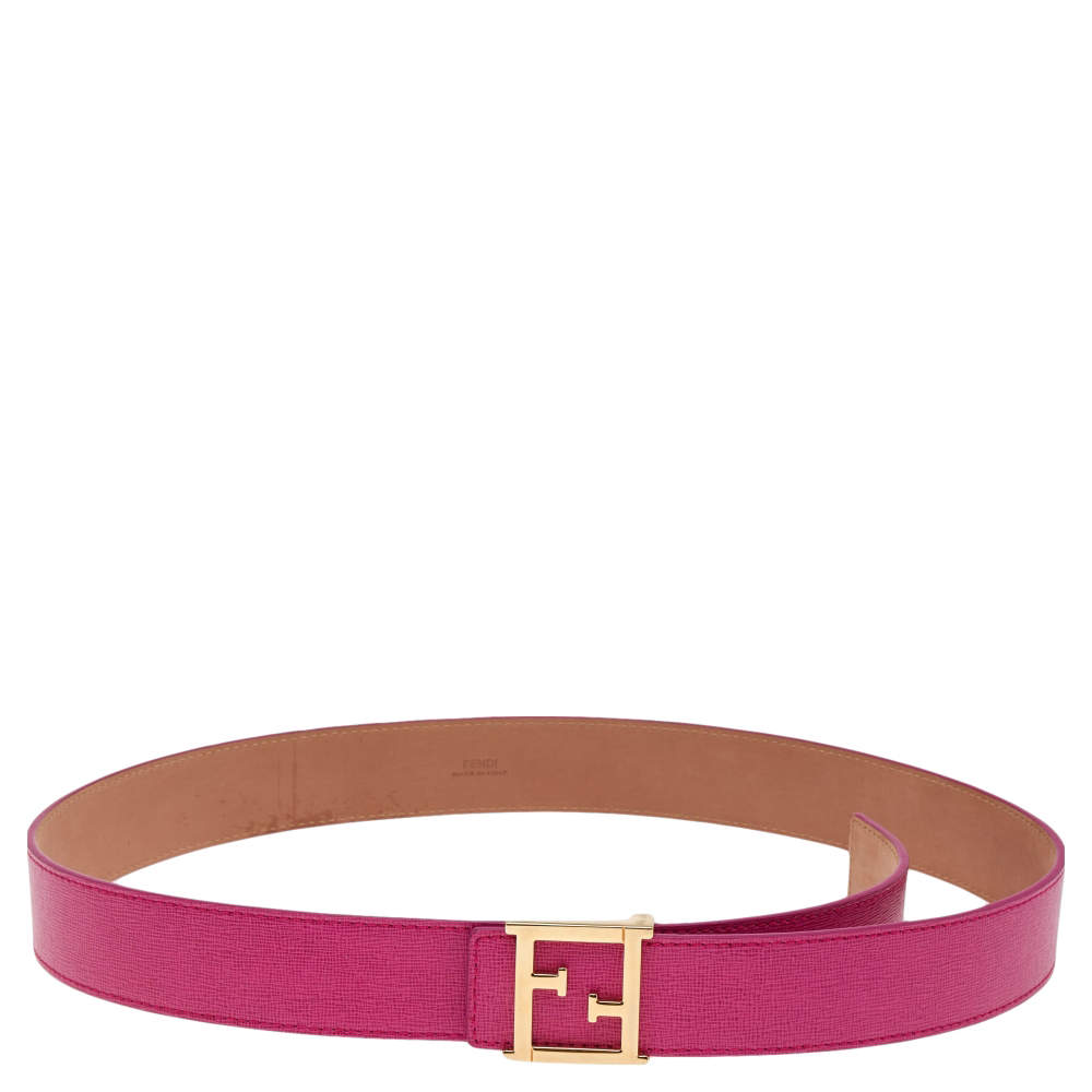 Pre Owned Fendi Pink Leather FF Logo Buckle Belt 90 CM