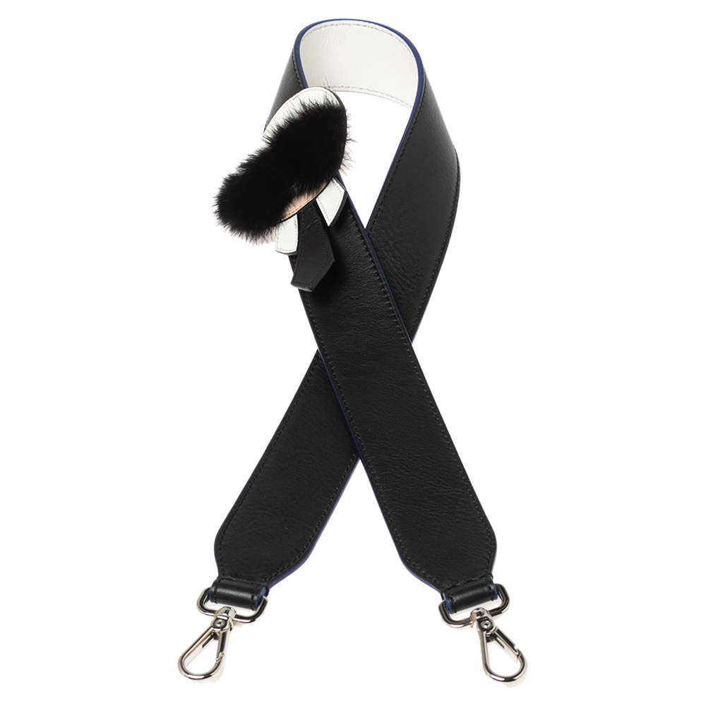 Pre Owned Fendi Black/White Leather & Mink Yukarito Karl Lagerfeld Shoulder Strap