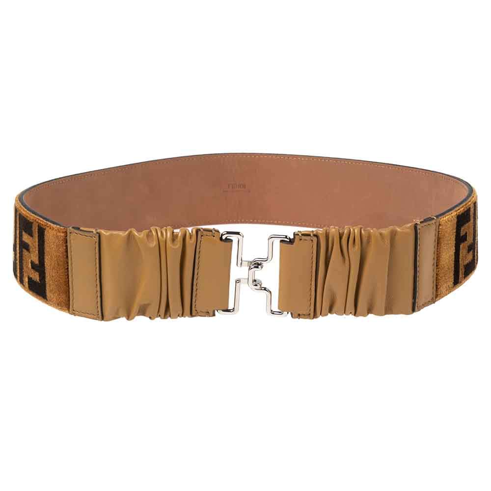 Fendi Tan Zucca Velvet and Stretch Leather Waist Belt 75CM Fendi