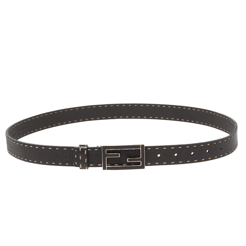 Pre Owned Fendi Black Sellier Leather FF Logo Buckle Belt 110CM
