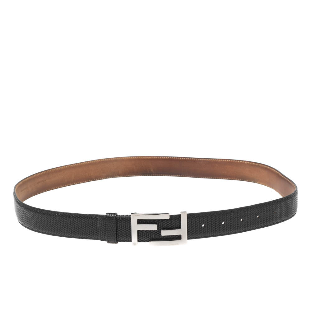 Pre Owned حزام فندي جلد أسود منقوش بإبزيم شعار FF 105 سم