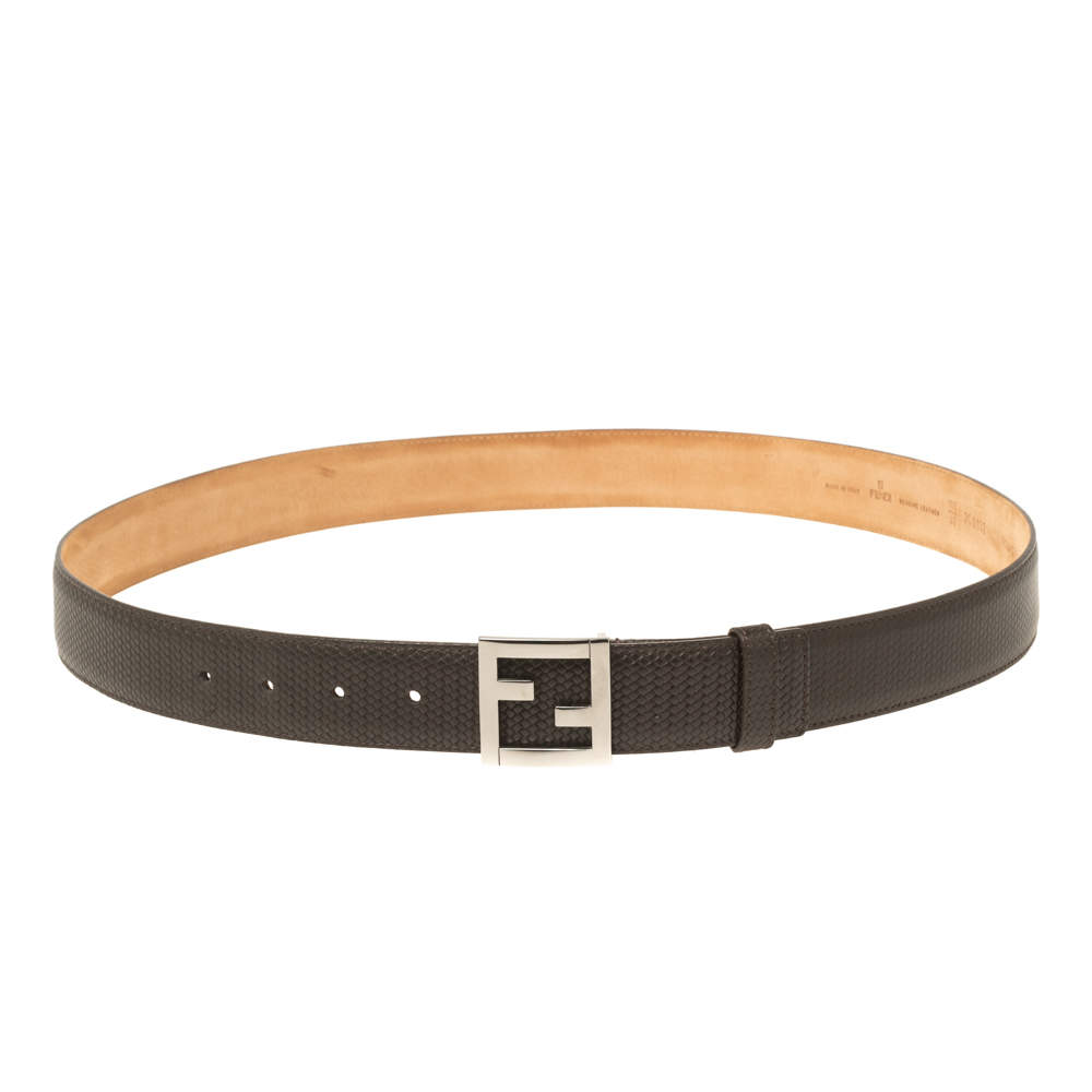 Pre Owned Fendi Dark Brown Textured Leather FF Logo Buckle Belt 100CM