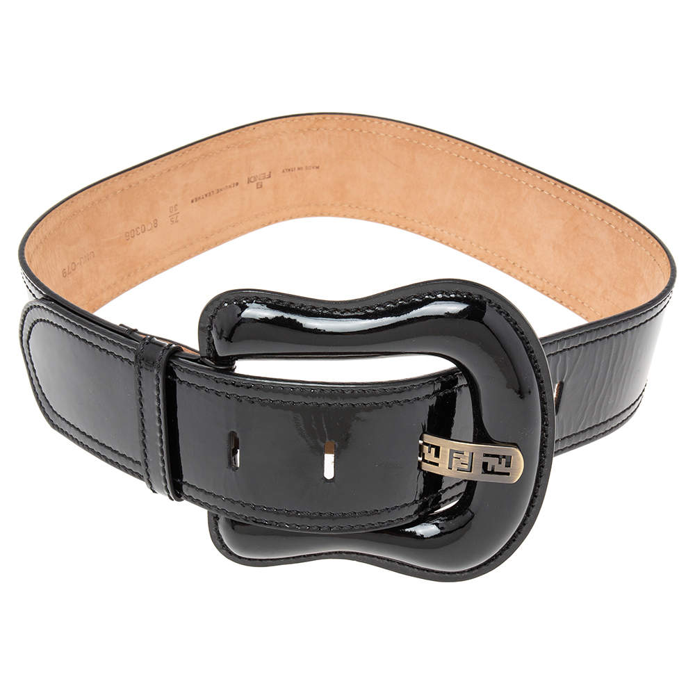 Pre Owned Fendi Black Patent Leather Buckle B Waist Belt 75CM