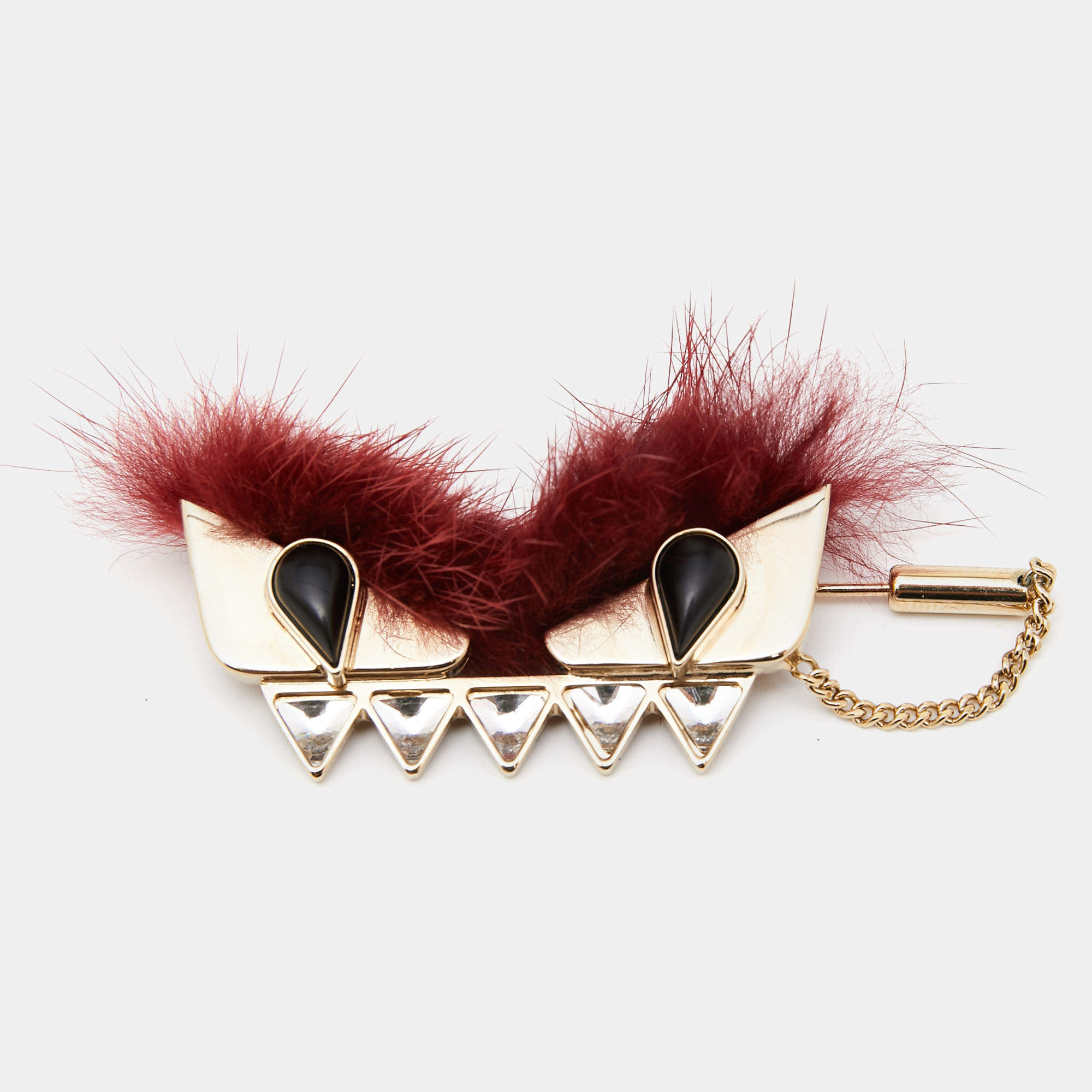 Pre Owned Fendi Burgundy Mink Fur Crystals Monster Eyes Gold Tone Metal Brooch