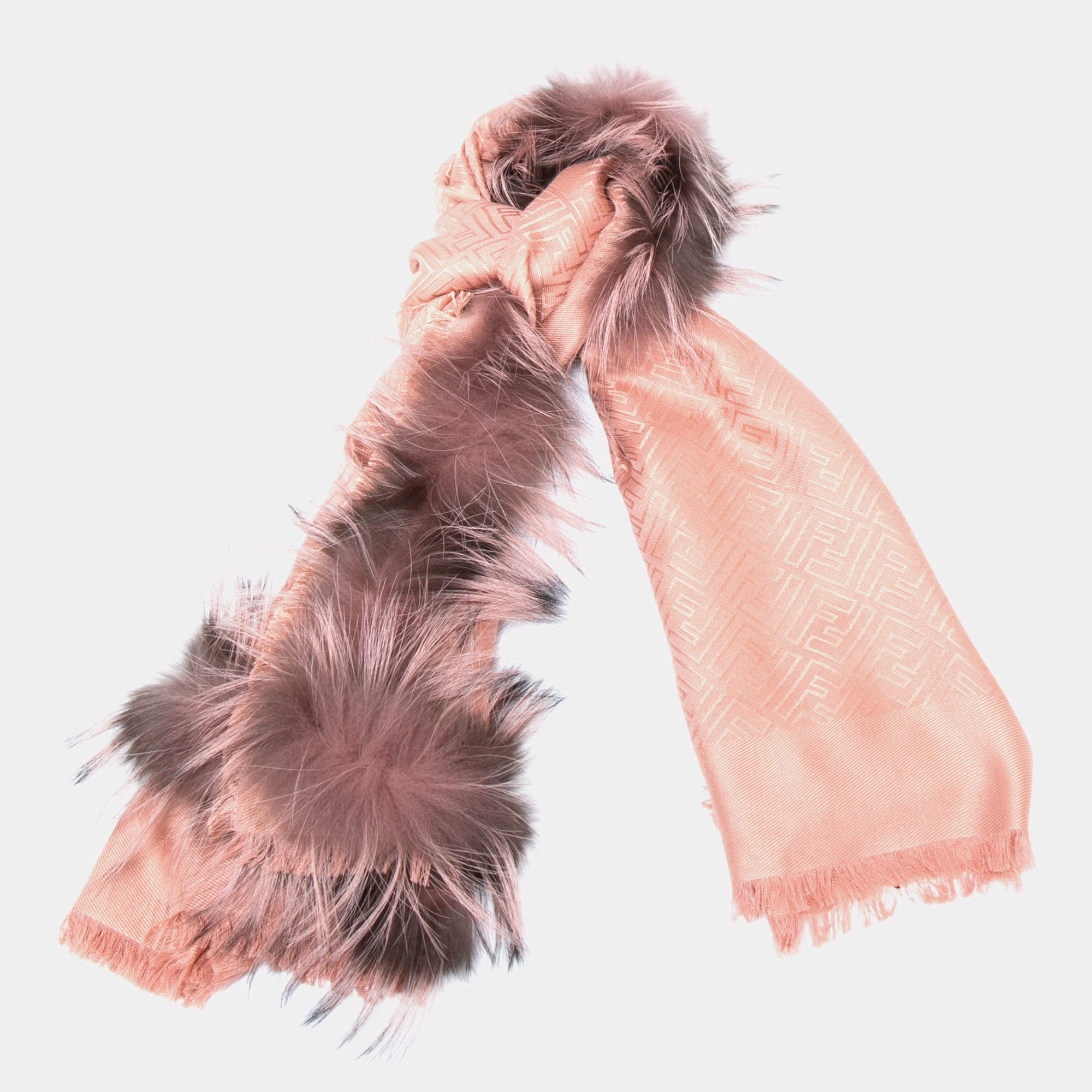 Fendi Pink Monogram Silk & Fur Trimmed Shawl Fendi