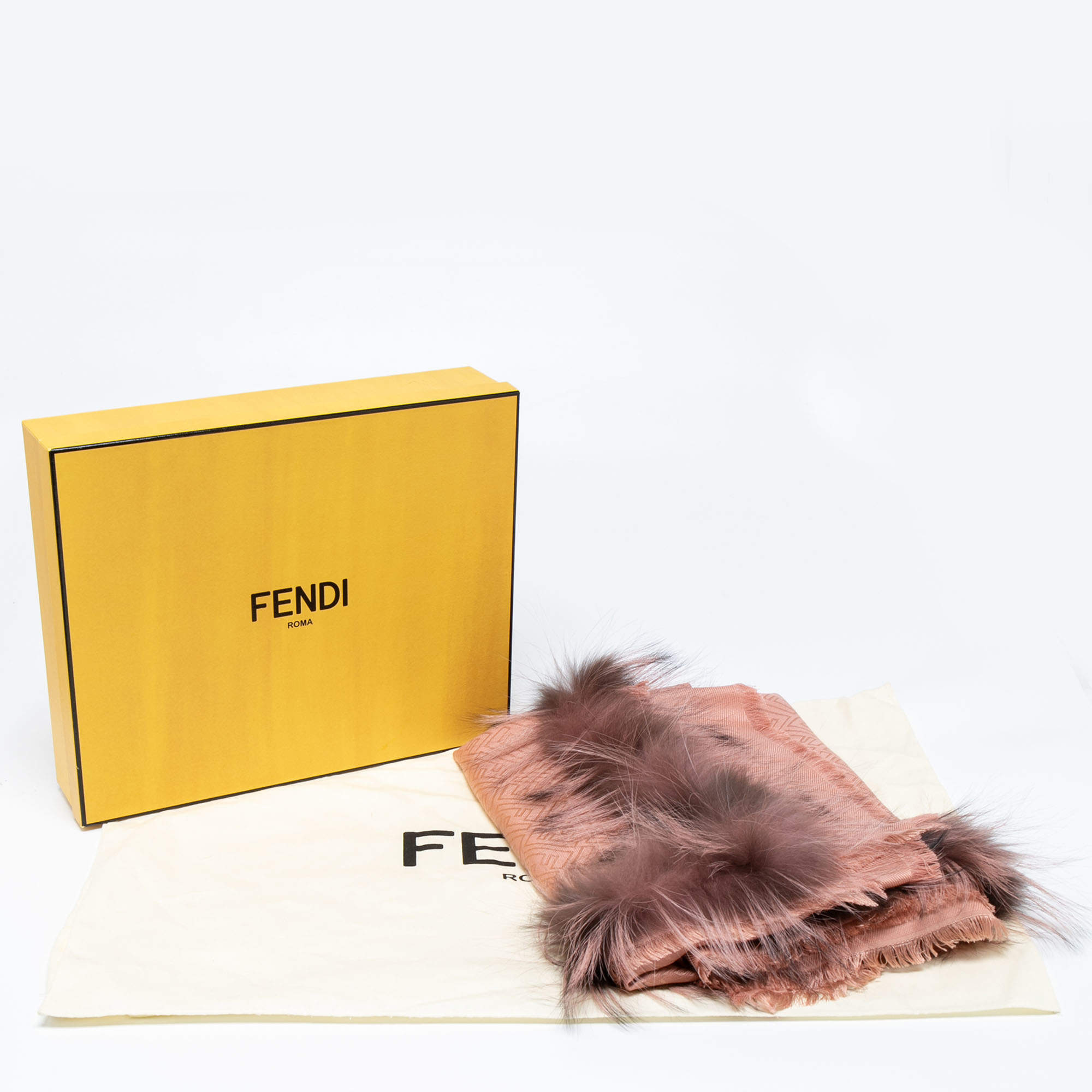 Fendi Pink Monogram Silk & Fur Trimmed Shawl Fendi