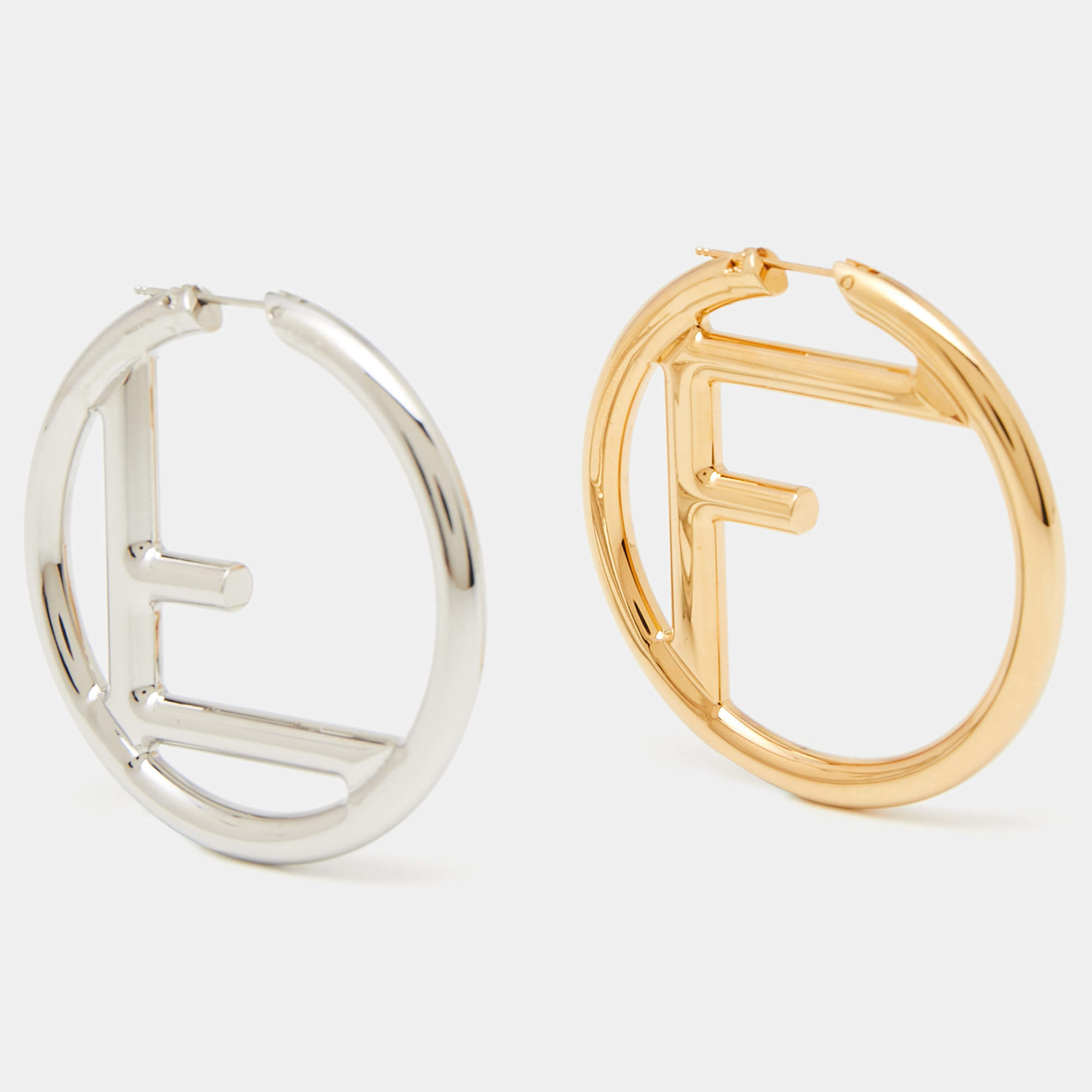 Fendi Gold And Silver Large F Is Hoop Earrings in Metallic