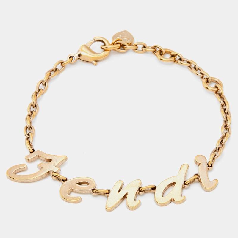 Pre Owned Fendi Logo Charm Gold Tone Bracelet