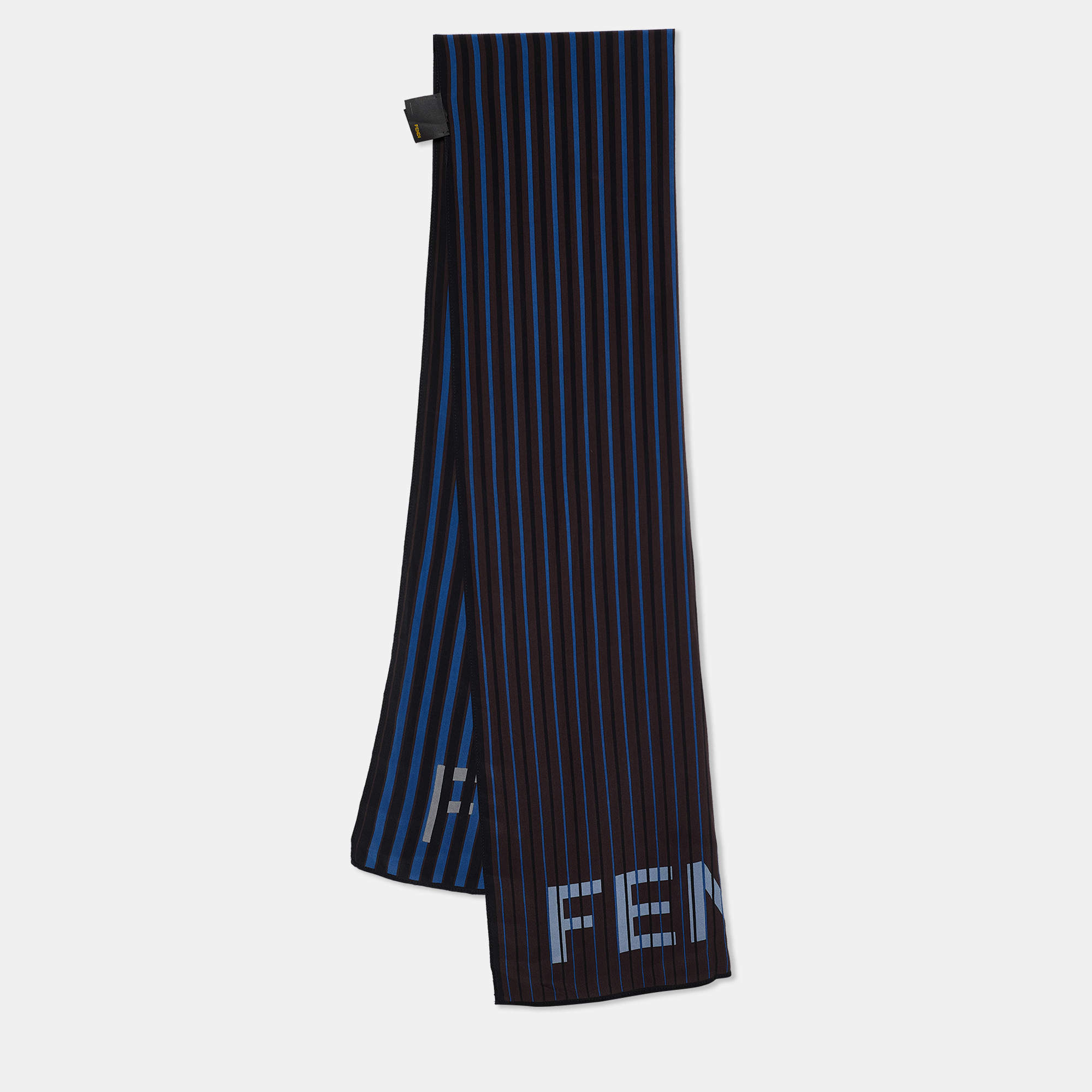 Pre Owned Fendi Brown Striped Logo Print Silk Stole