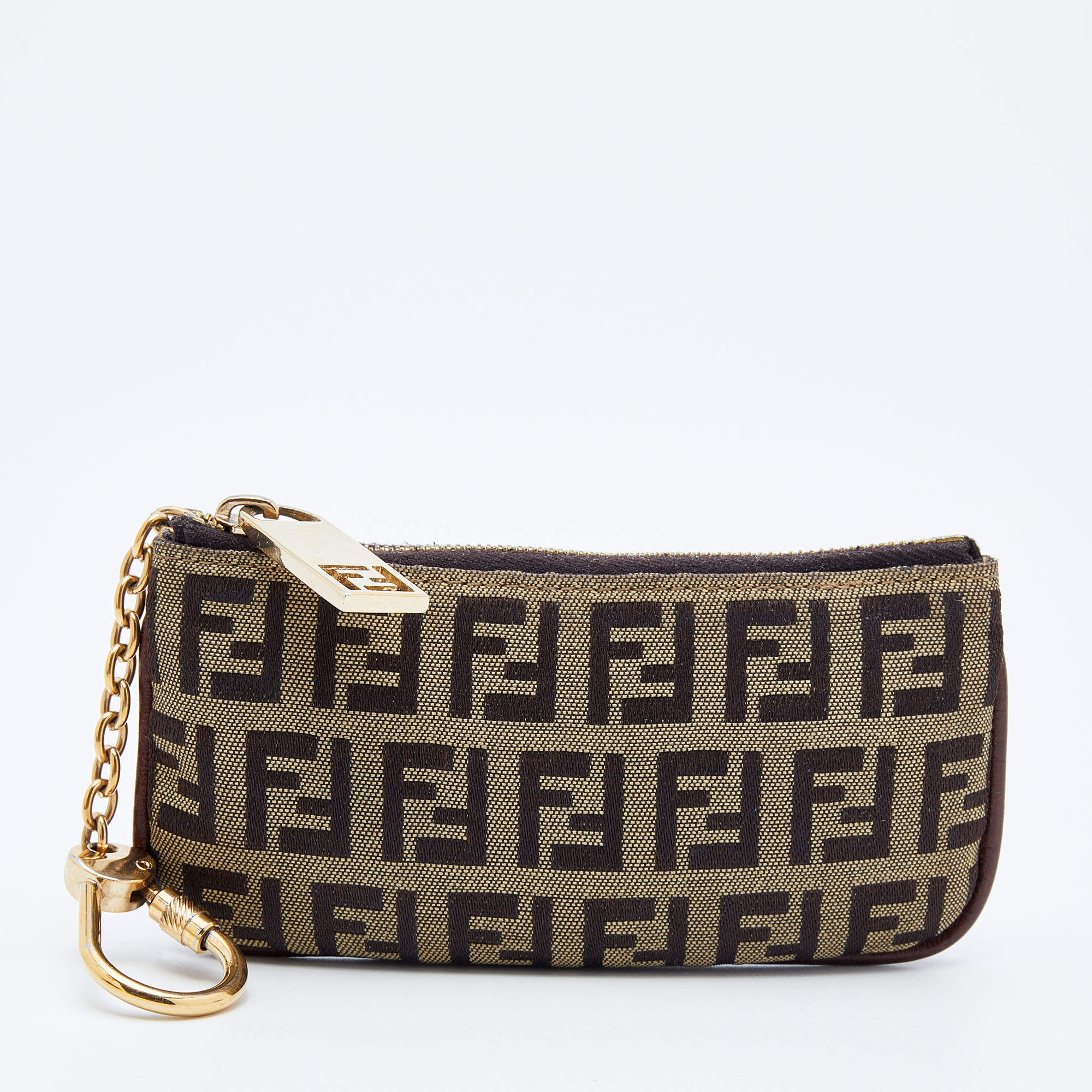 Pre Owned Fendi Tobacco Zucchino Canvas Key Chain Pouch