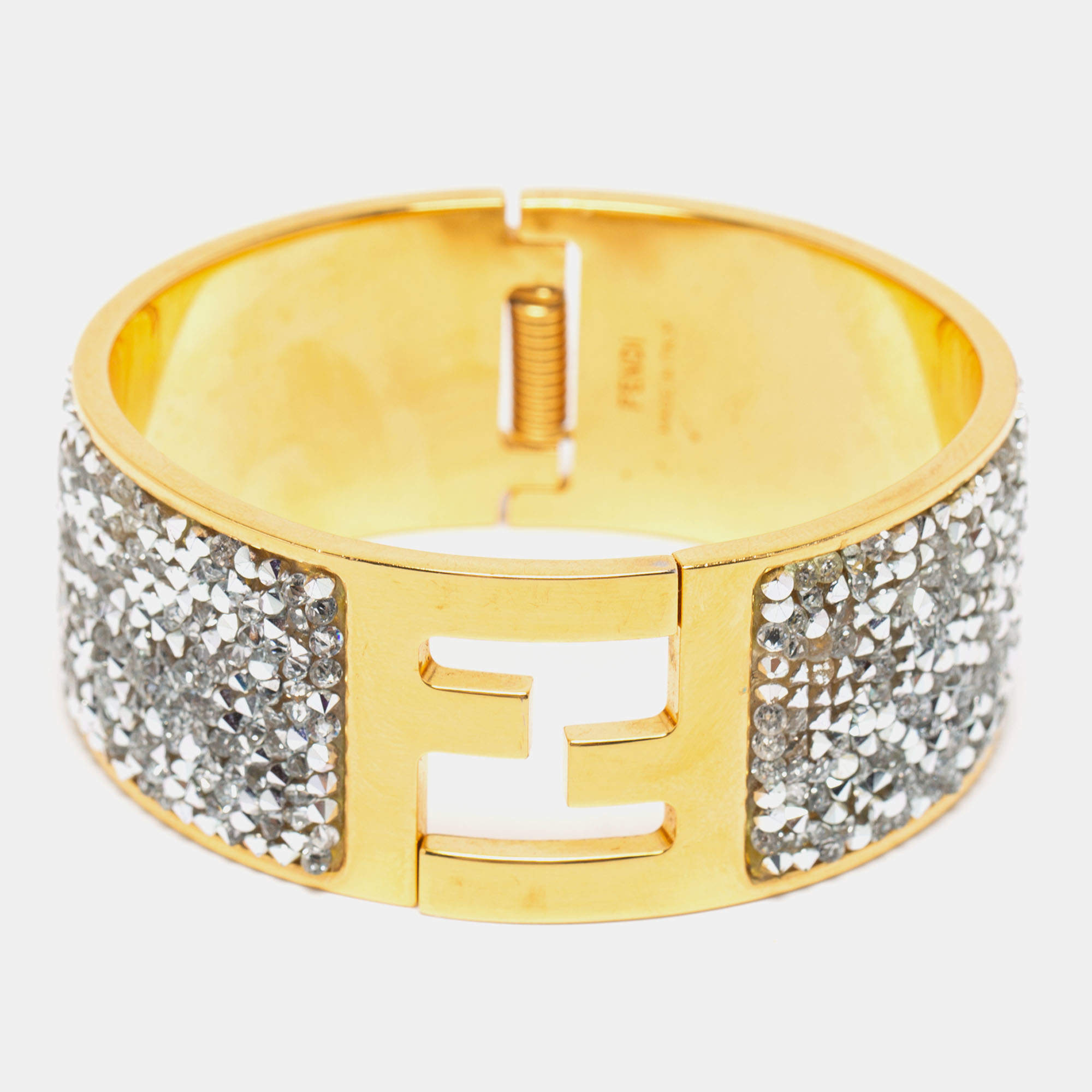 Pre Owned Fendi Fendista Crystals Gold Tone Wide Cuff Bracelet S