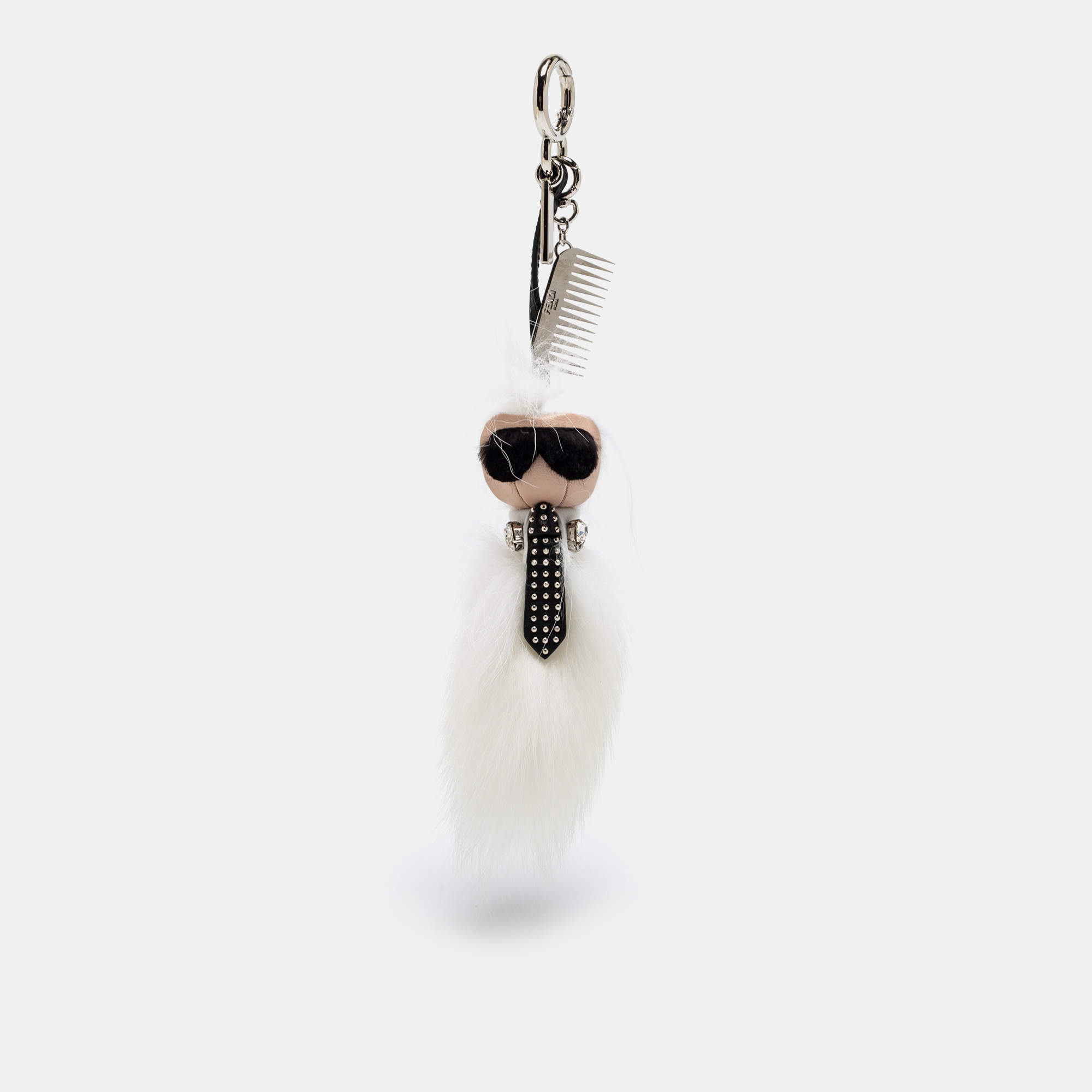 Pre Owned Fendi White Fur Karlito Key Ring / Bag Charm