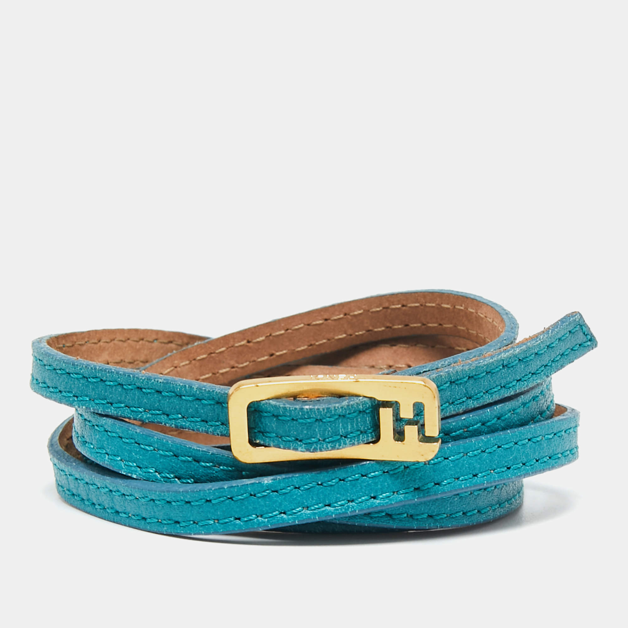 Pre Owned Fendi Teal Blue Leather Multi Wrap Bracelet