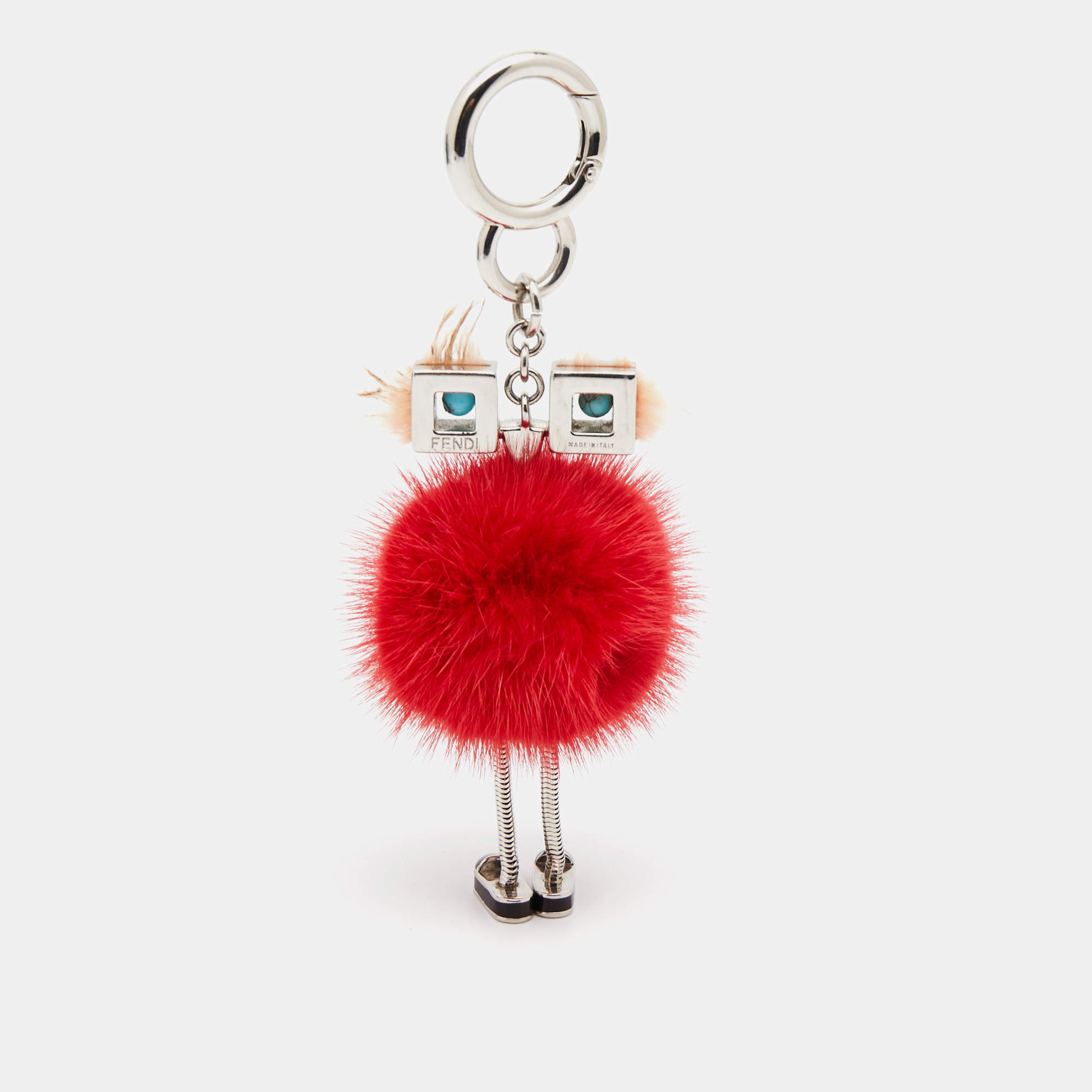 Pre Owned Fendi Red/Peach Mink Fur Hypnoteyes Chick Pom Pom Bag Charm