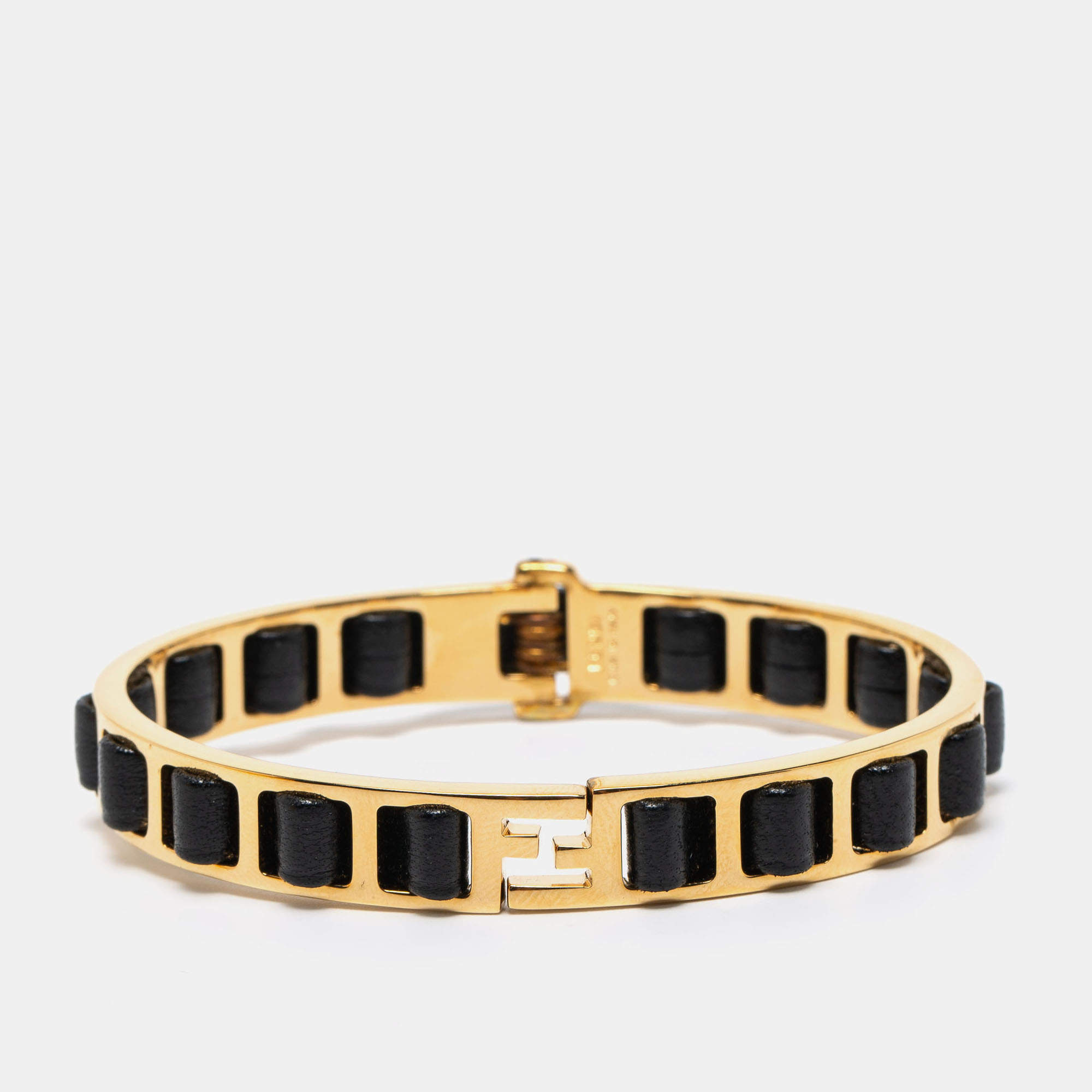 Pre Owned Fendi Black Leather Gold Tone Chain Link Woven Bracelet S