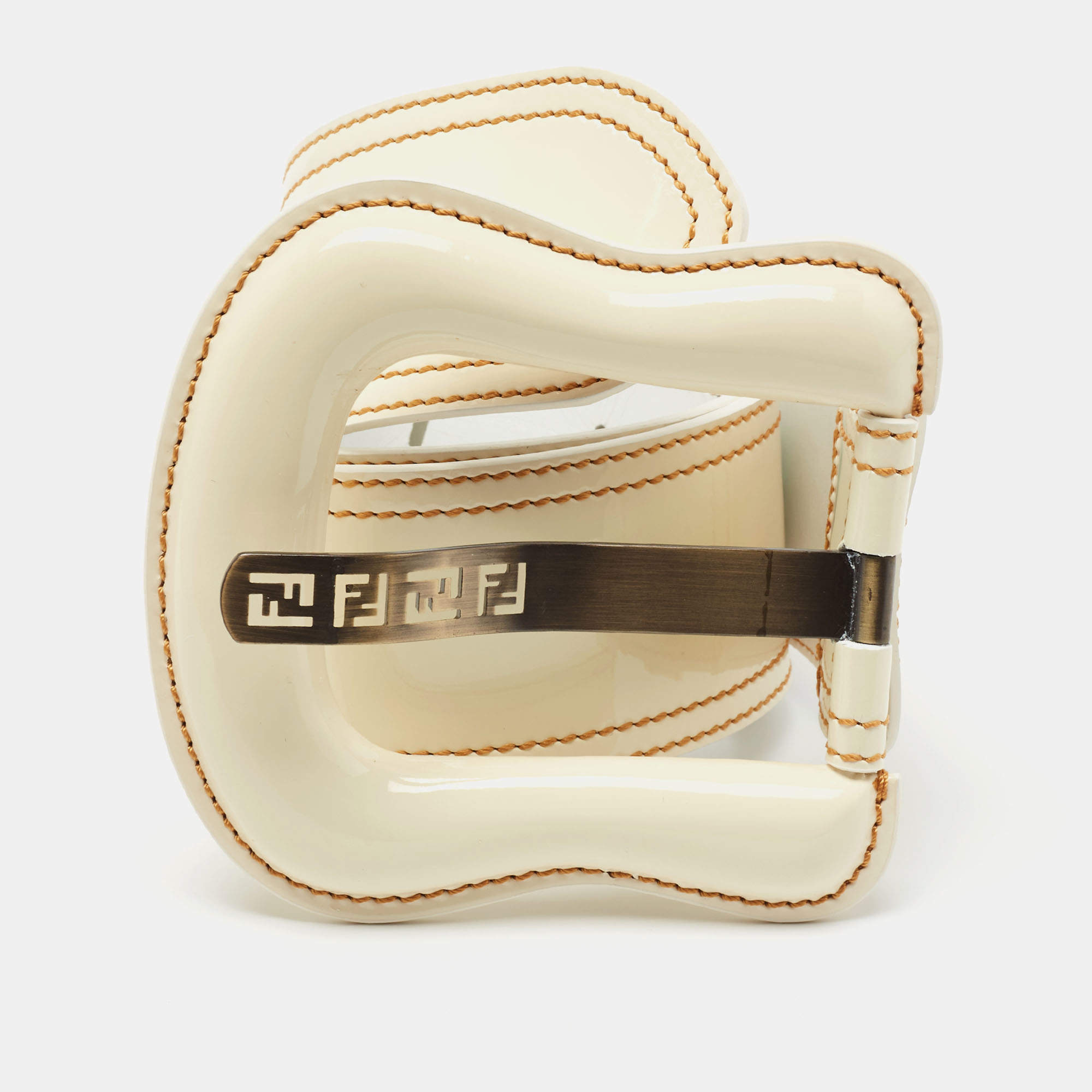 Pre Owned Fendi White Patent Leather B Buckle Waist Belt 85 CM