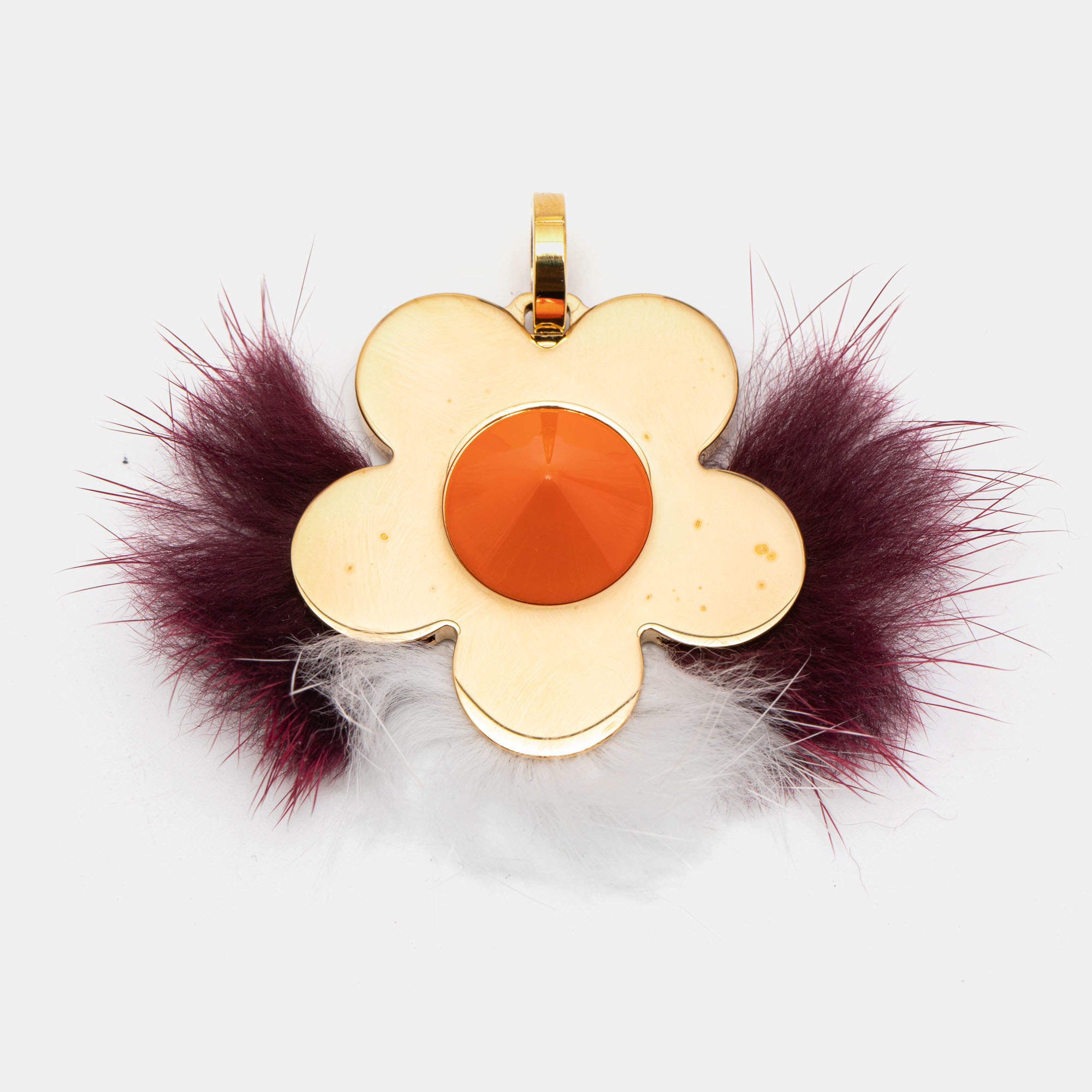 Pre Owned Fendi Flower Fox Fur Resin Gold Tone Bag Charm