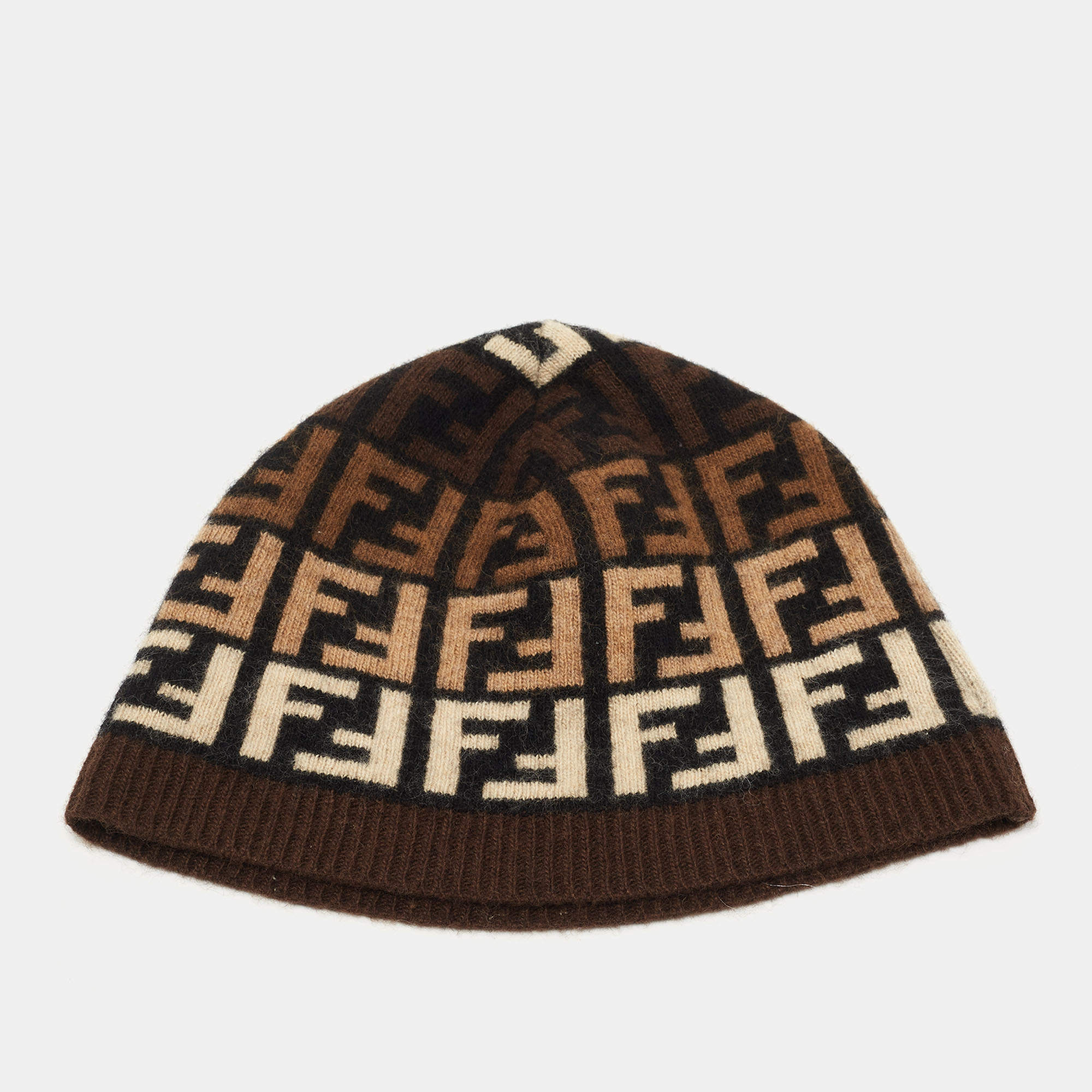 Pre Owned Fendi Brown Zucca FF Logo Wool Blend Beanie