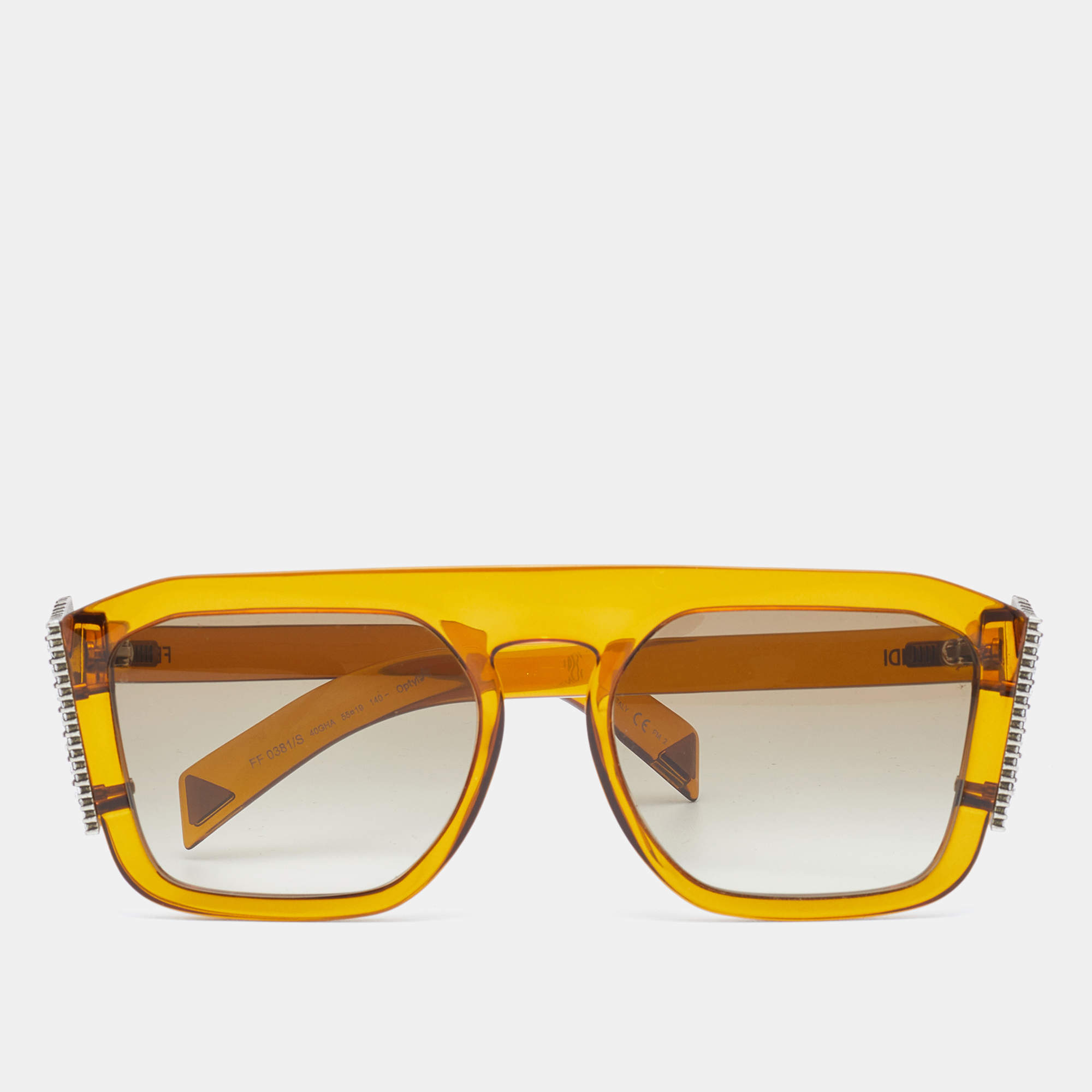 Pre Owned Fendi Brown/Grey FF0381/S Embellished Logo Square Sunglasses