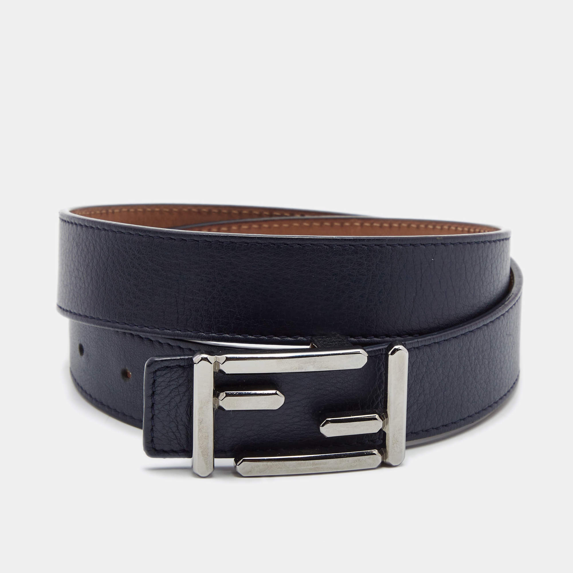 Fendi Navy Blue Leather FF Buckle Belt 