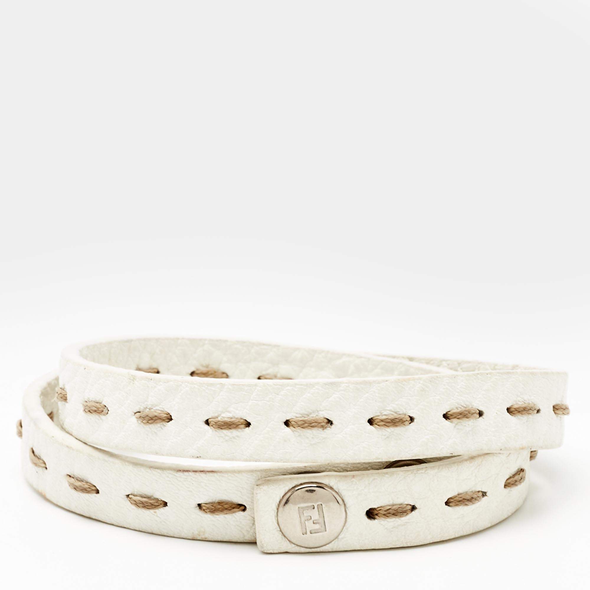 Fendi Selleria White Leather Silver Tone Double Wrap Bracelet Fendi