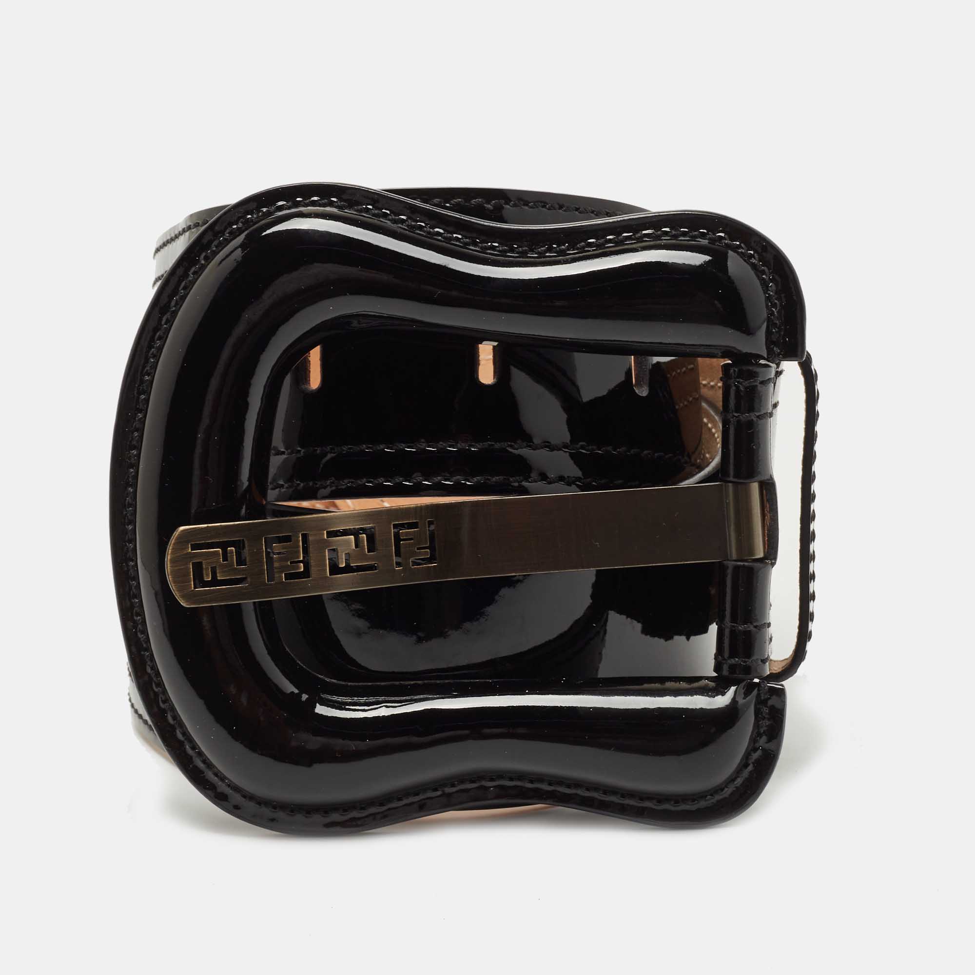 Pre Owned Fendi Black Patent Leather Wide Buckle Belt 90CM