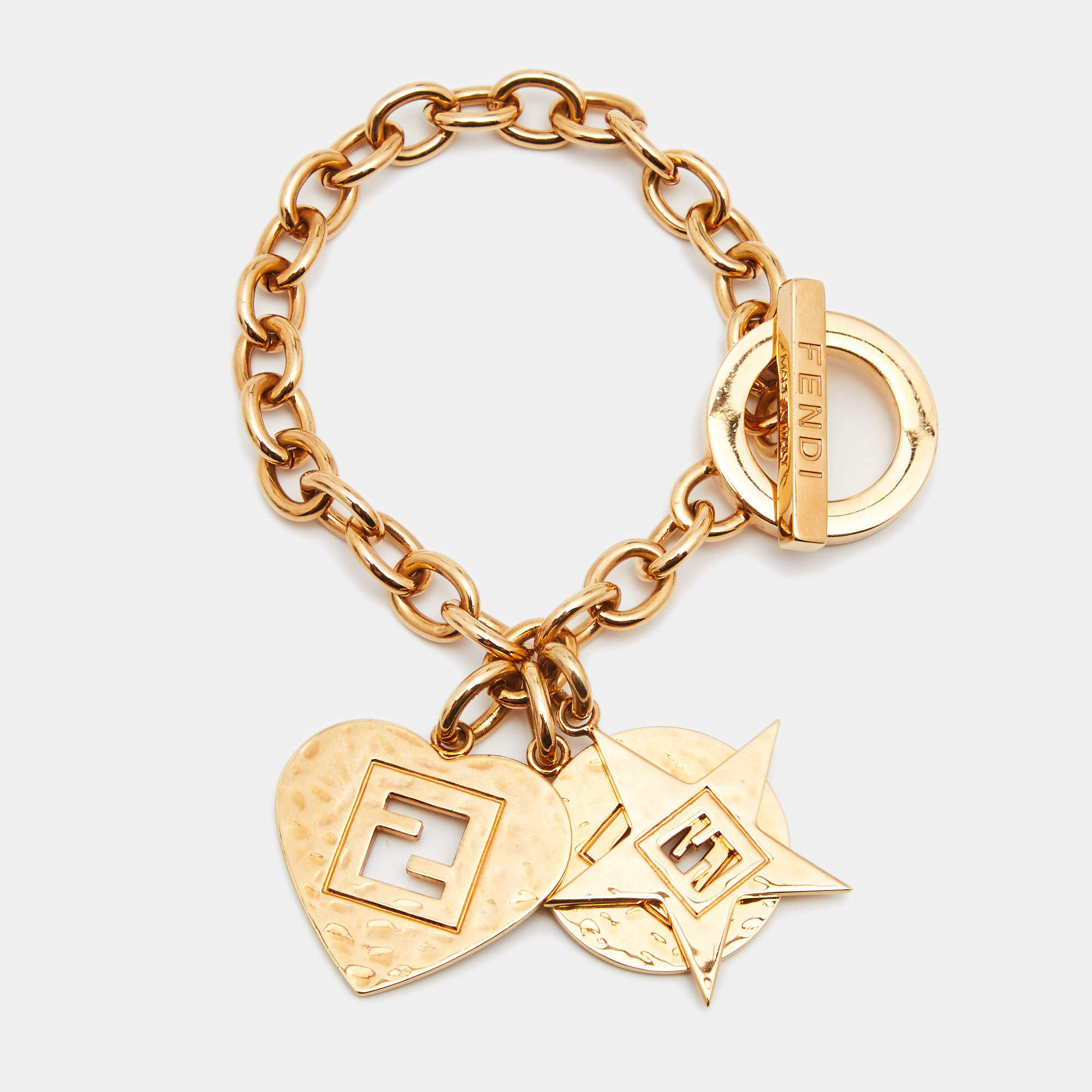 Pre Owned Fendi Heart Star Charm Gold Tone Chain Link Toggle Bracelet