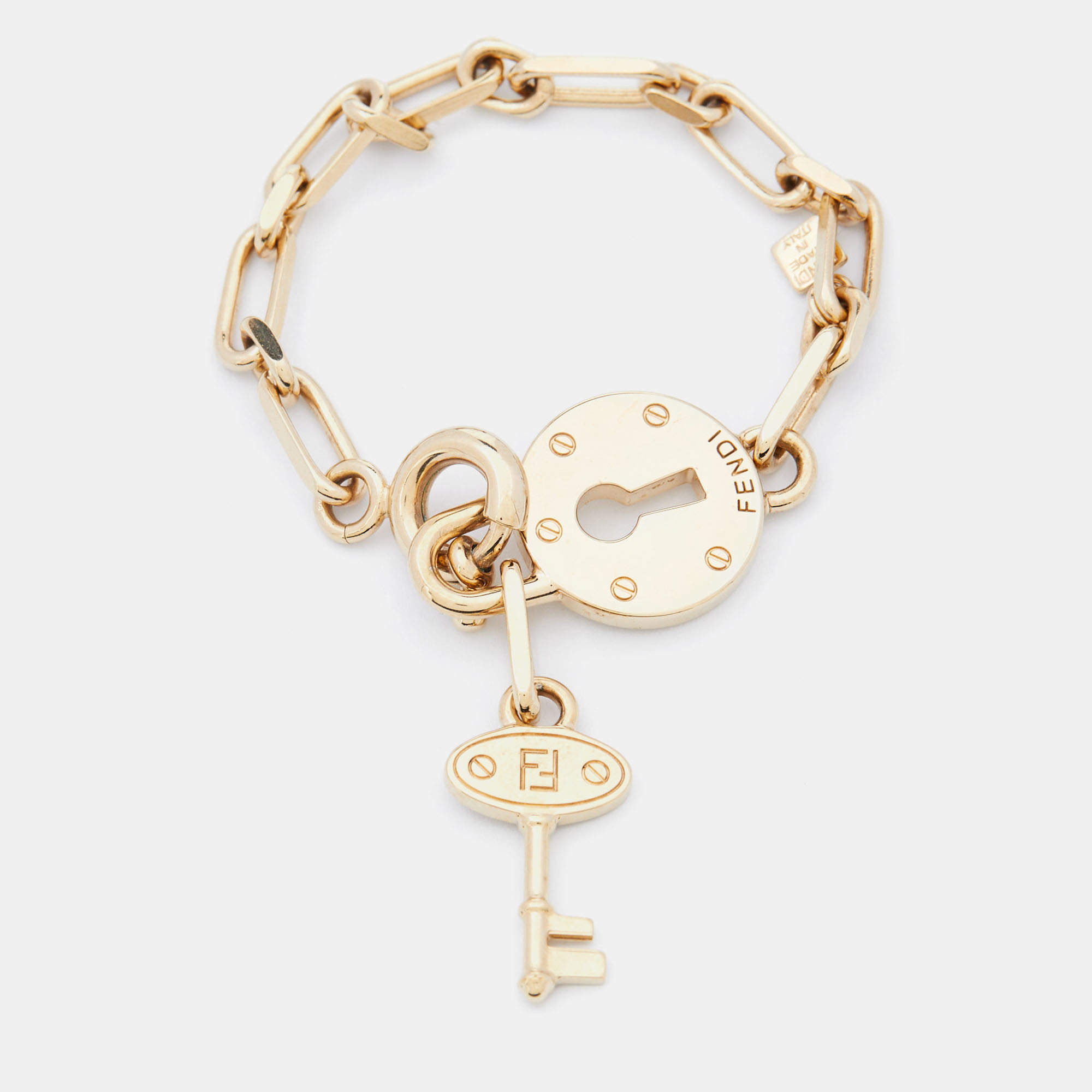 Pre Owned Fendi Gold Tone Chain Link Lock & Key Bracelet