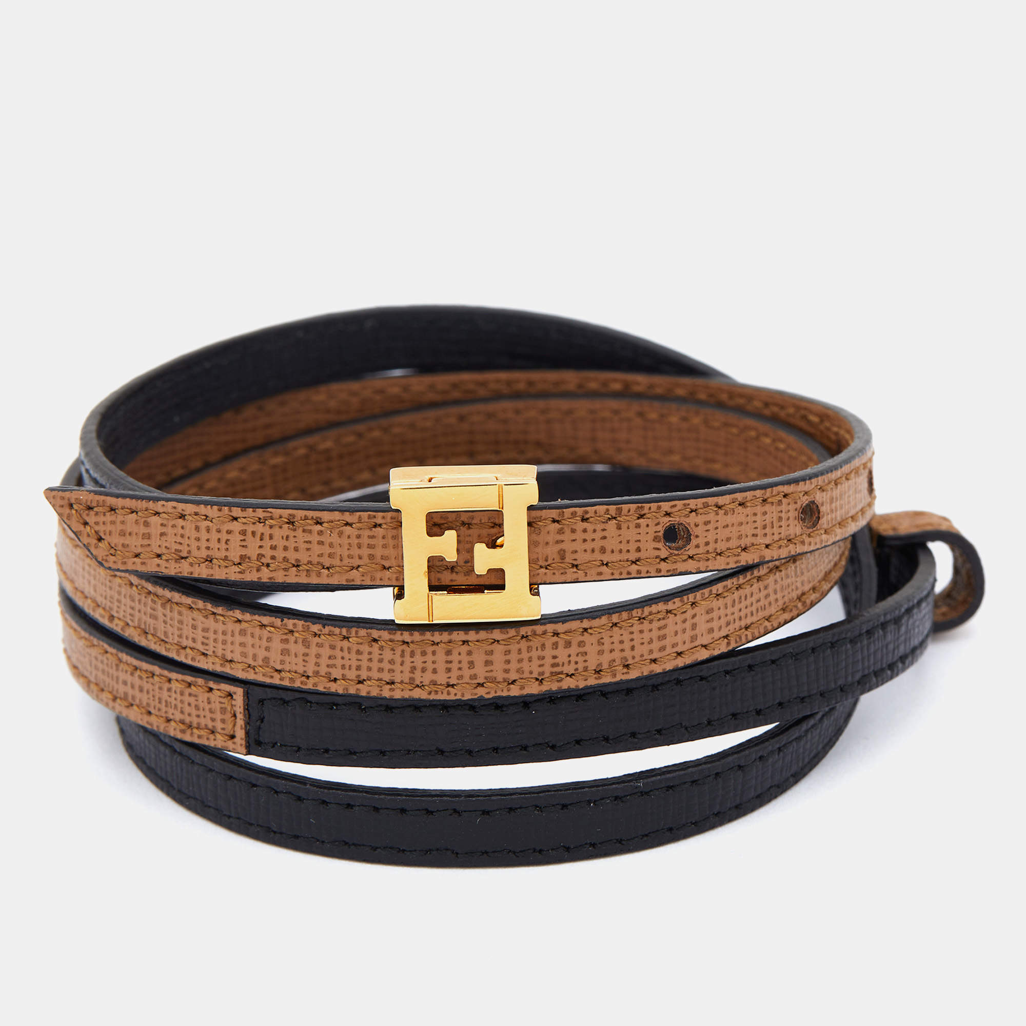 Fendi Gold Tone Bicolor Leather Wrap Bracelet