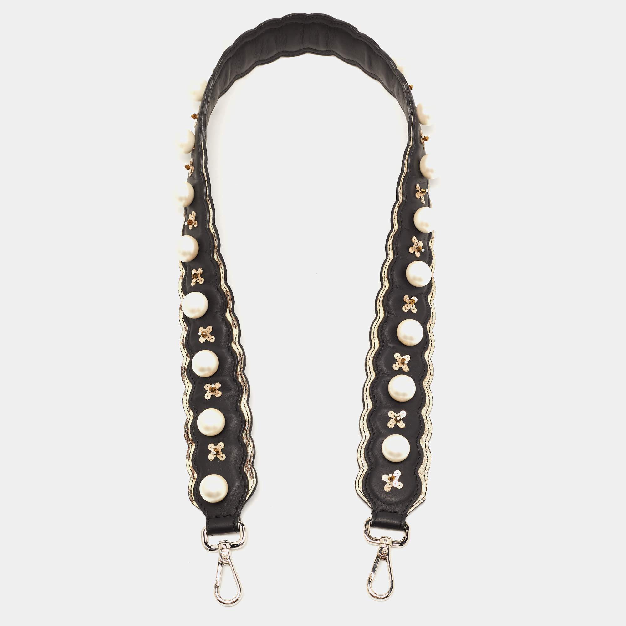 Pre Owned Fendi Black/Cream Leather and Watersnake Pearl Embellished Shoulder Bag Strap