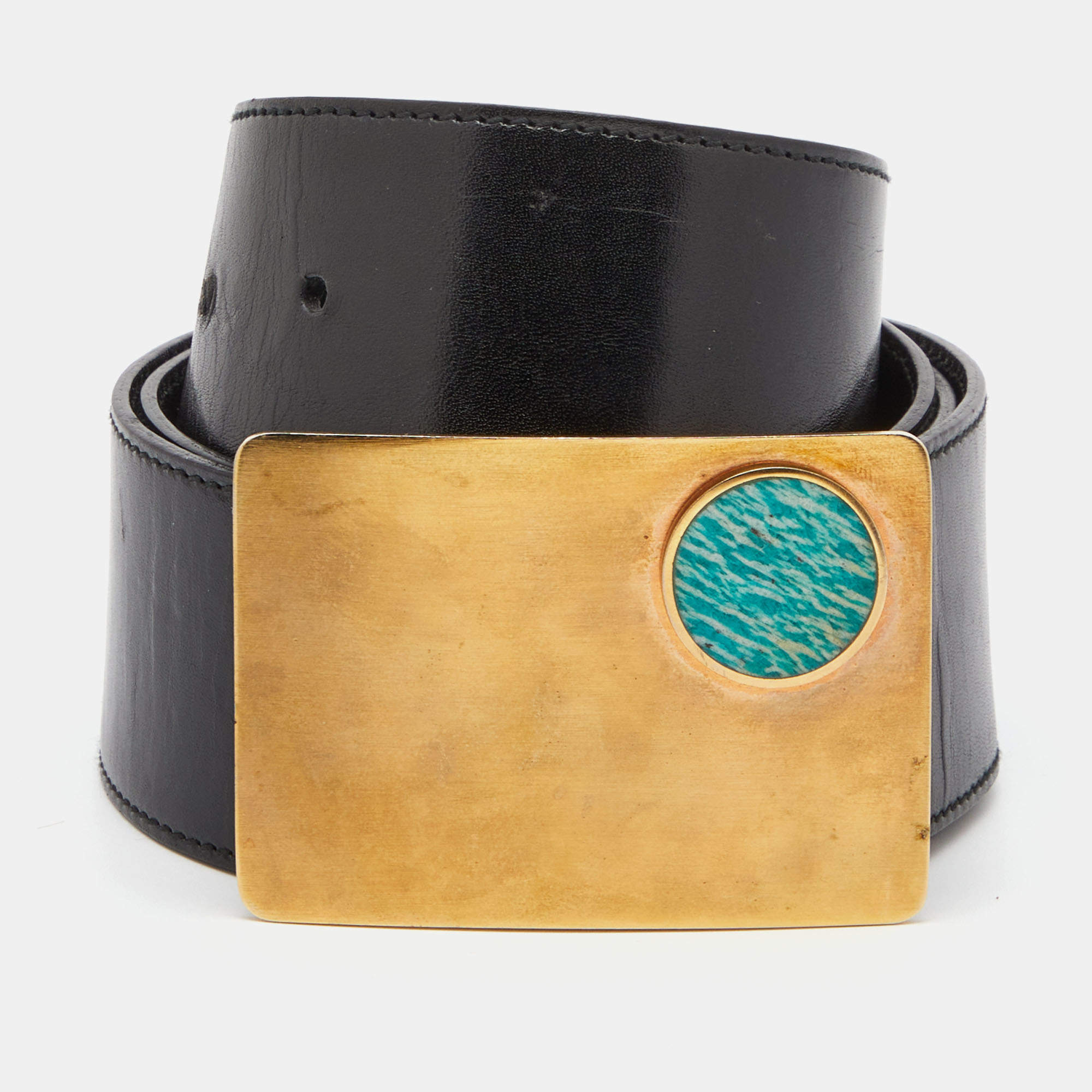 Pre Owned Fendi Black Leather Wide Buckle Belt 85CM