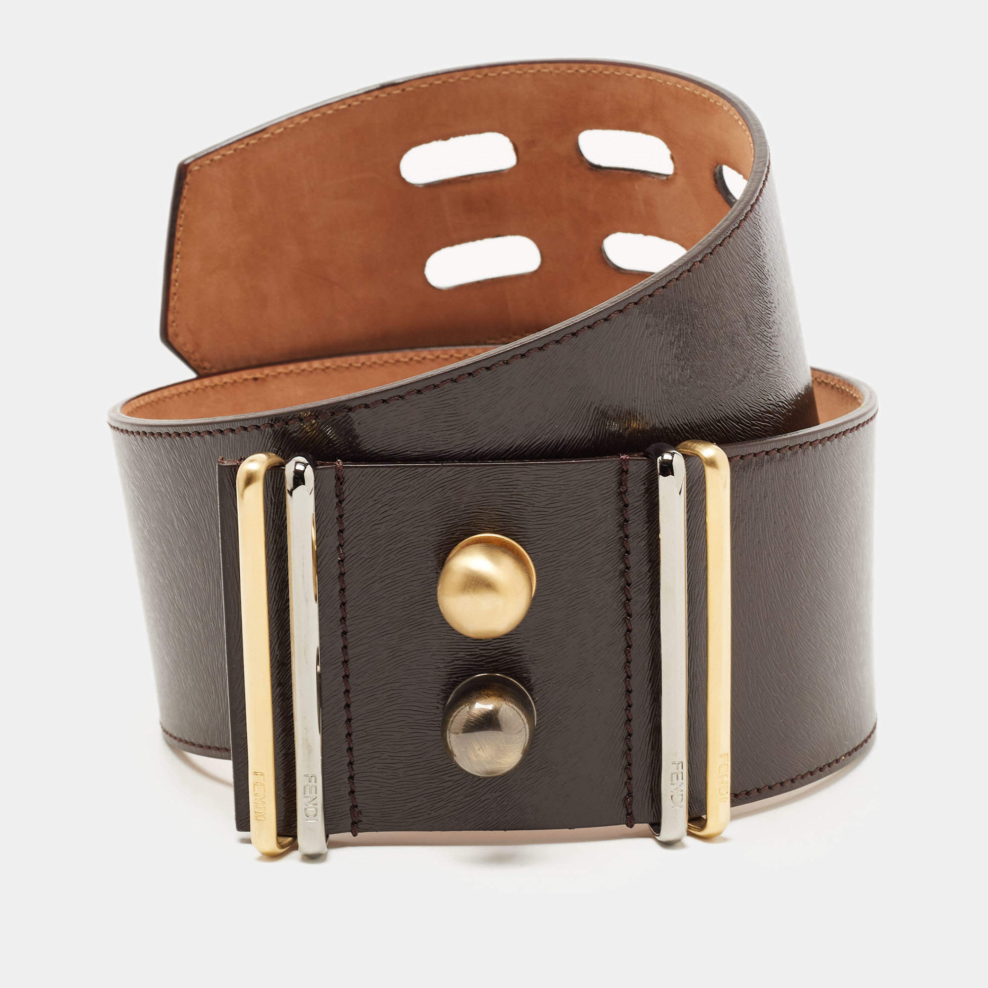 Pre Owned Fendi Choco Brown Glossy Leather Metal Waist Belt 75CM