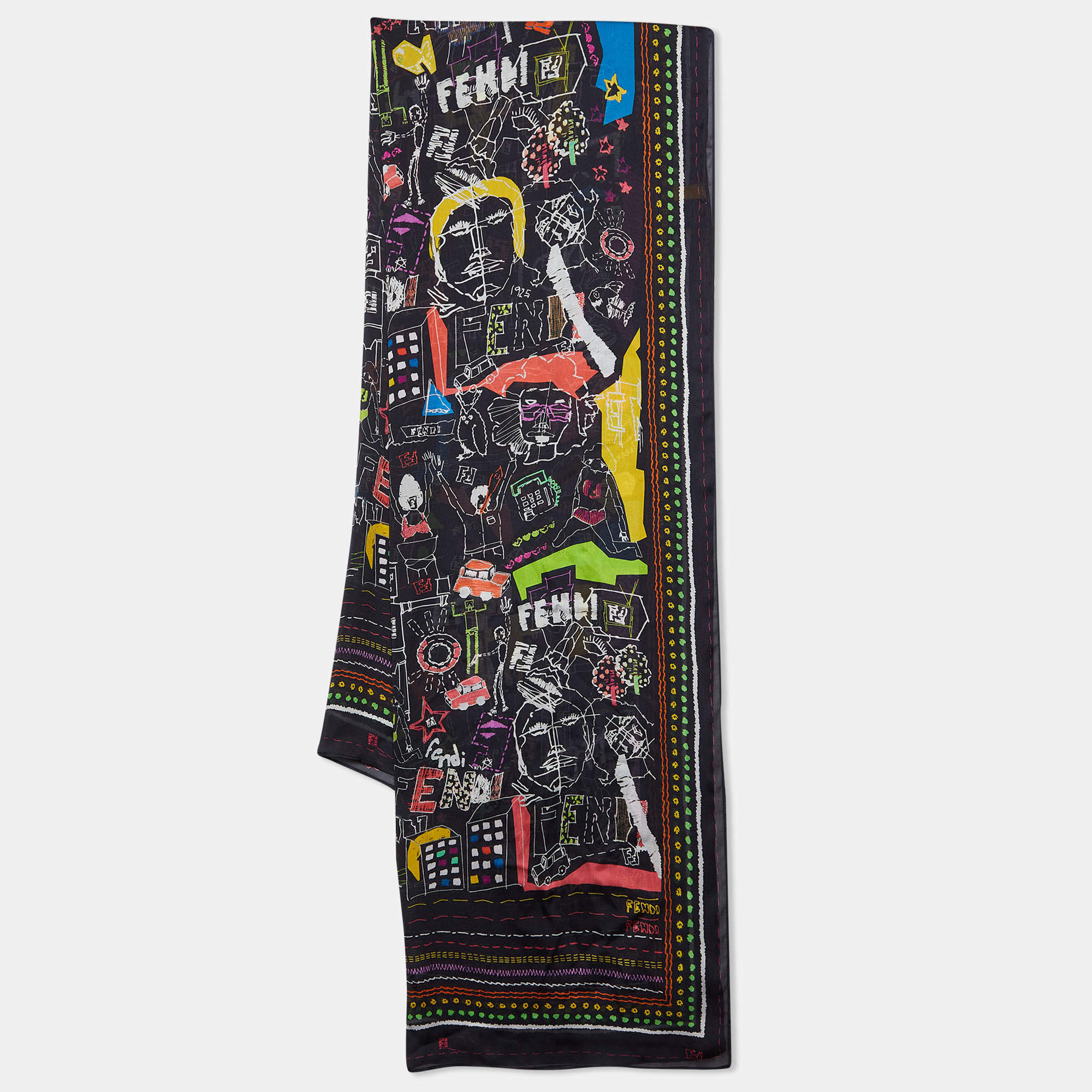 Fendi Black Abstract Printed Silk Scarf