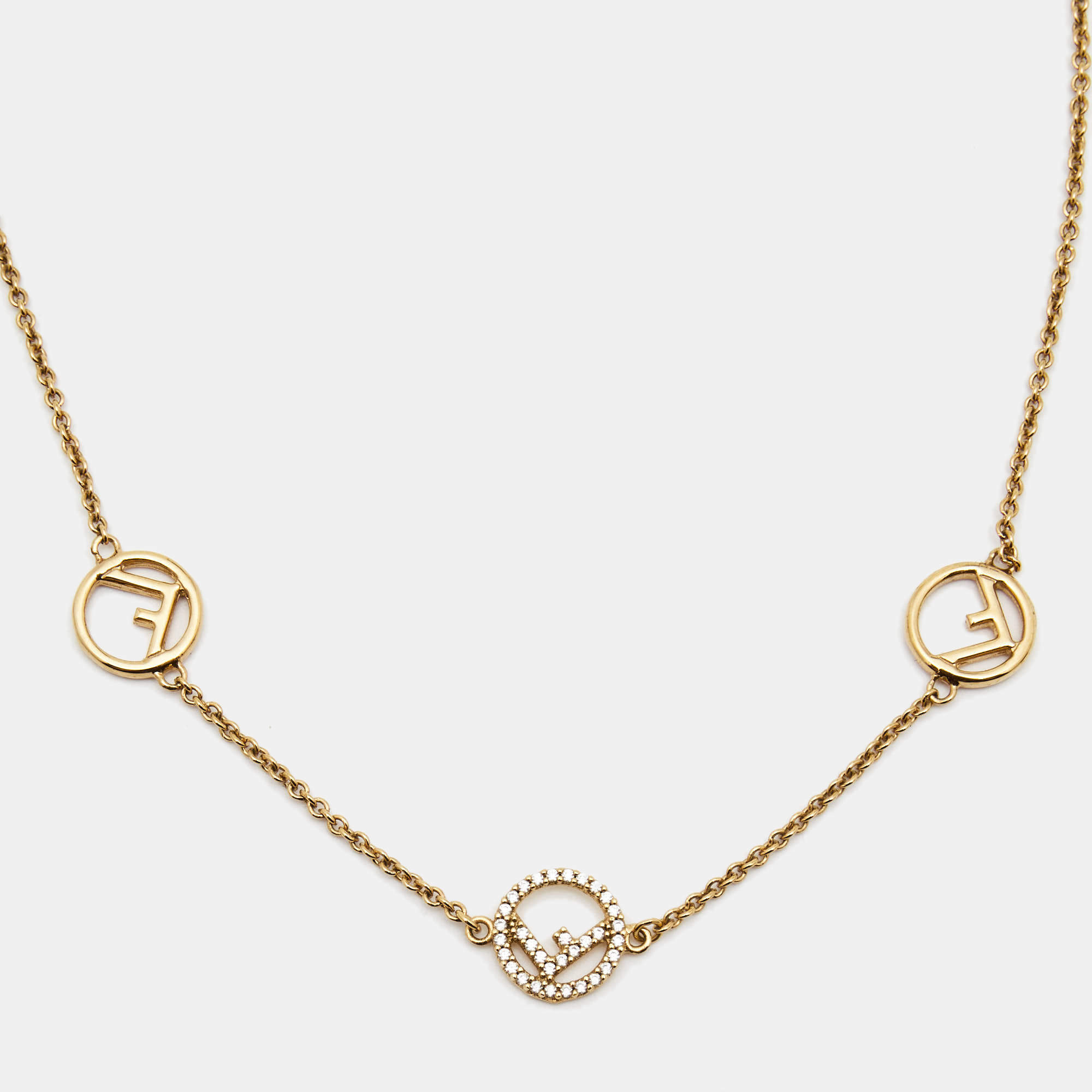 Pre Owned Fendi F is Fendi Crystals Gold Tone Chain Necklace