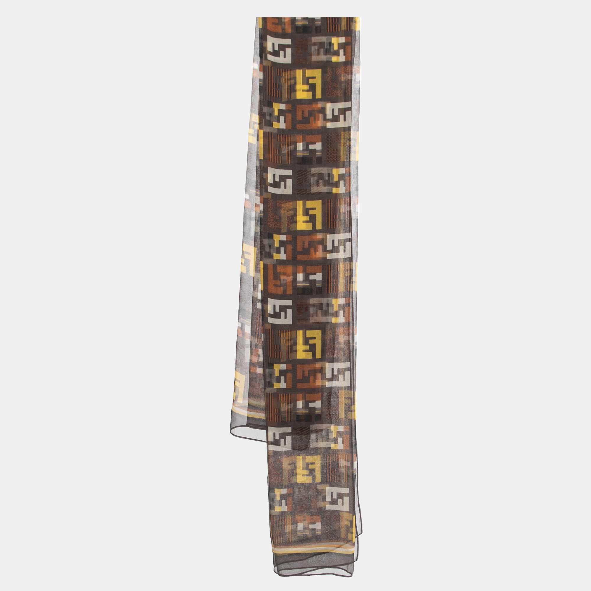 Pre Owned Fendi Brown FF Logo Print Silk Stole