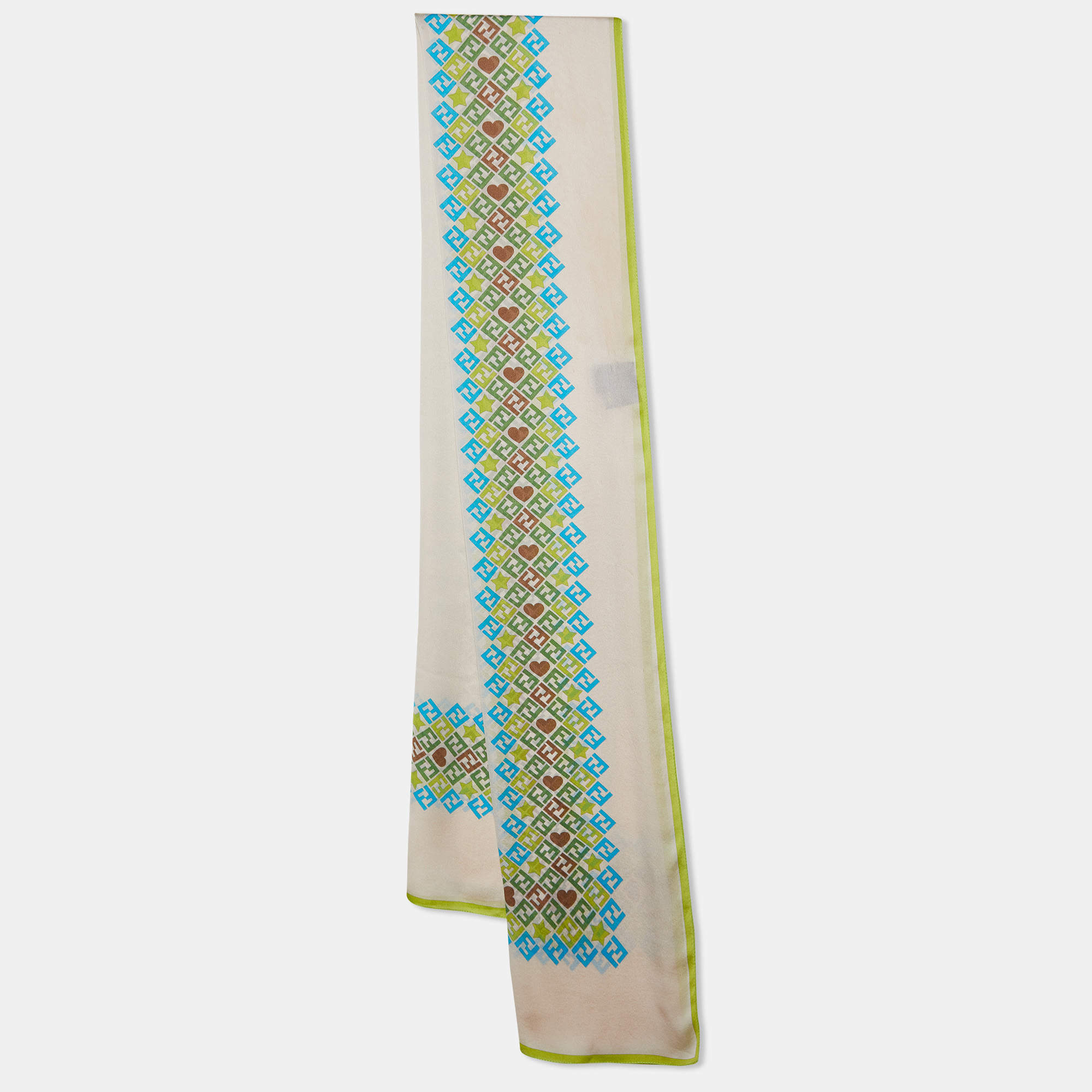 Fendi Cream Logo Printed Silk Scarf