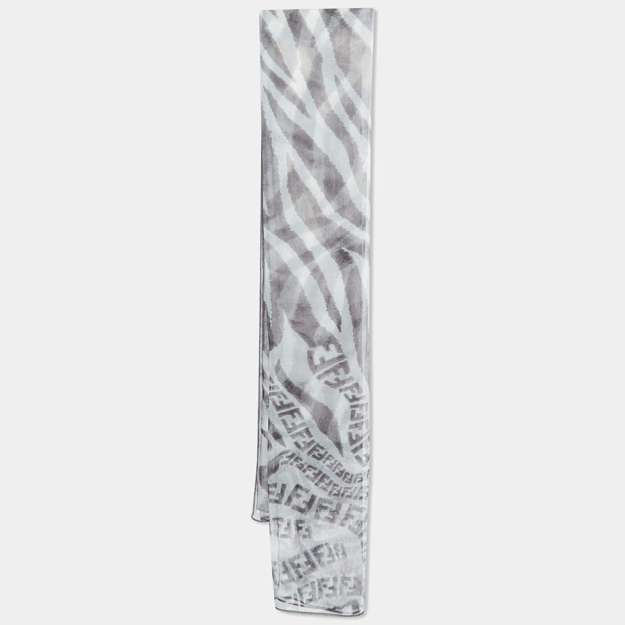 Fendi White/Grey Zucca Zebra Print Silk Chiffon Scarf