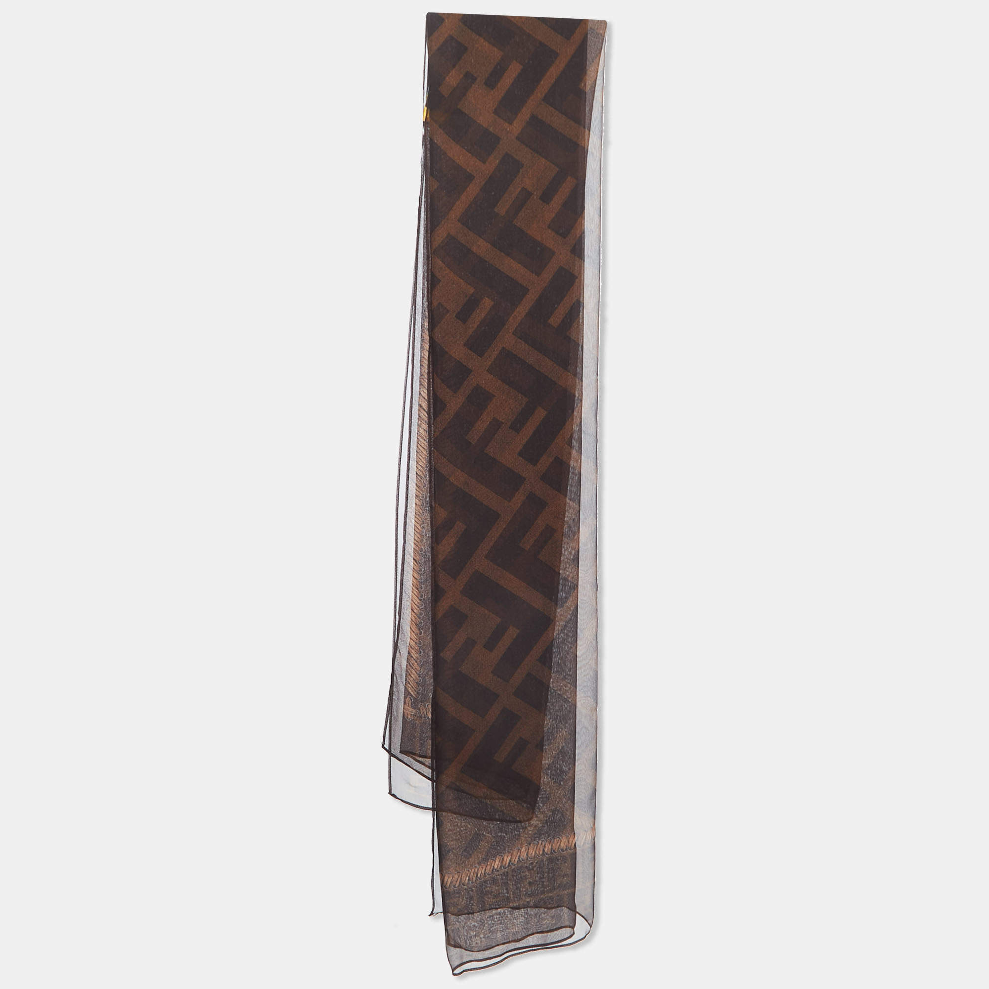 Fendi Brown Zucca Buckle Print Silk Chiffon Scarf